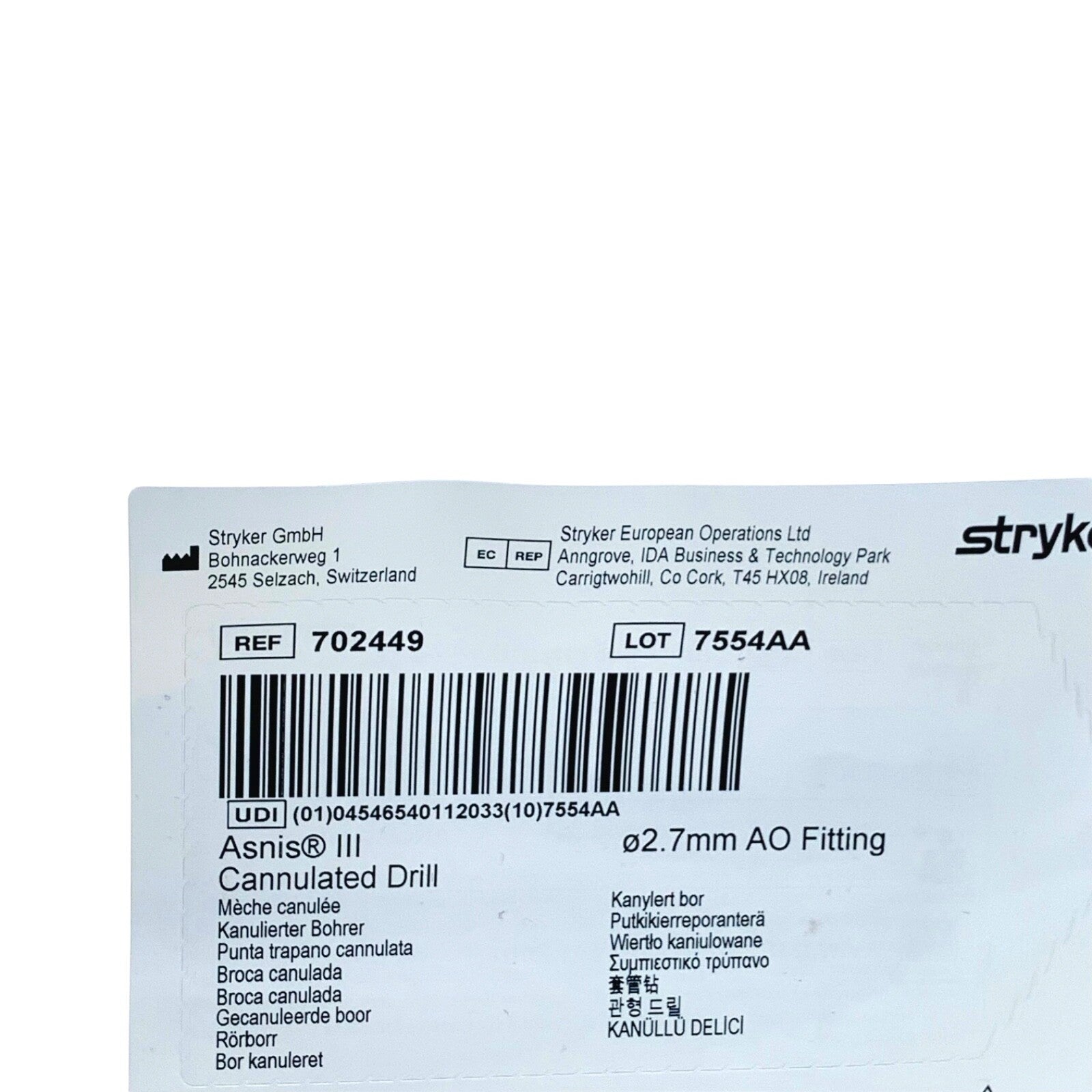 STRYKER REF 702449, ASNIS III, CANNULATED DRILL