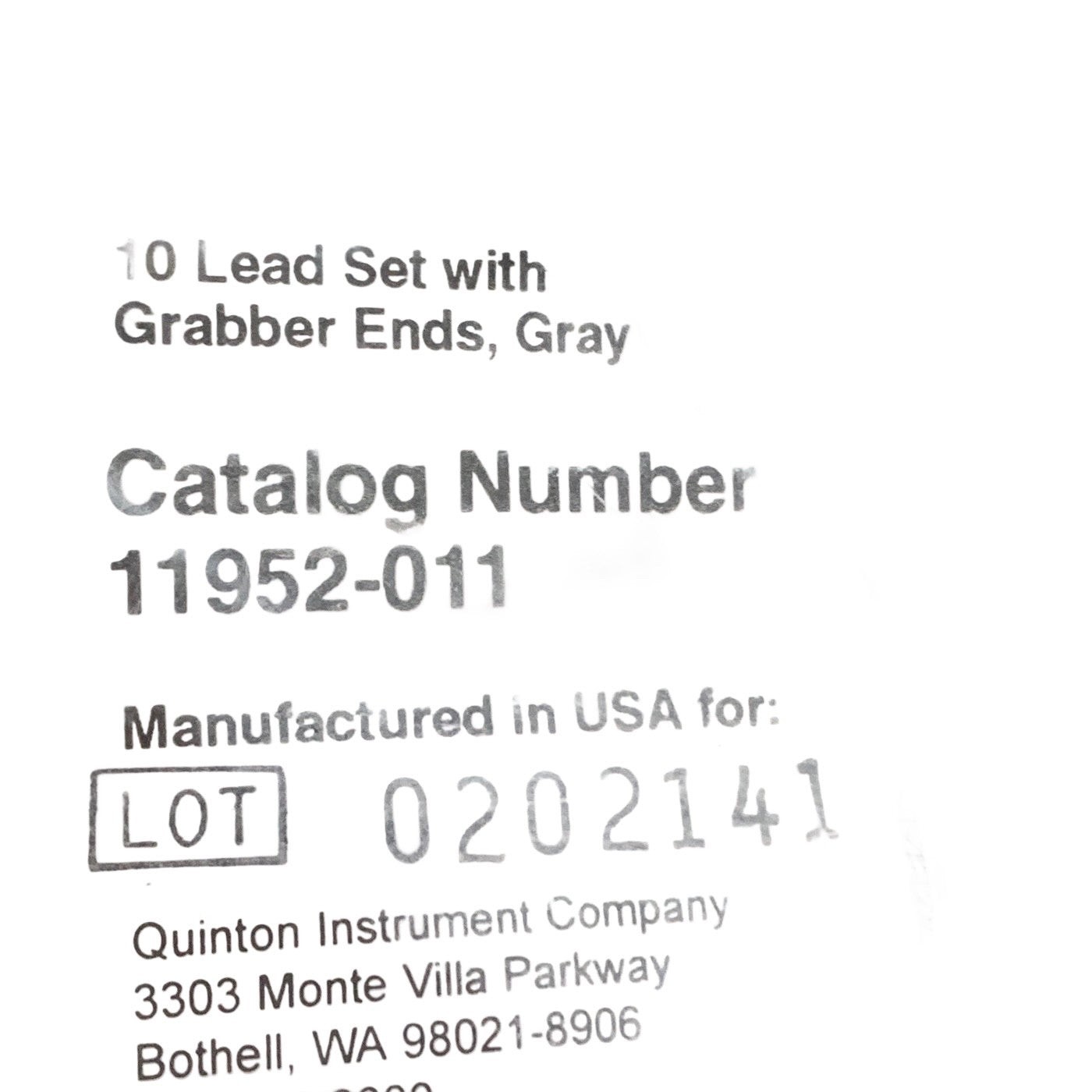 Quinton Ref 11952-011, 10-Lead ECG EKG Leadwire Set w/ Grabber Lead End