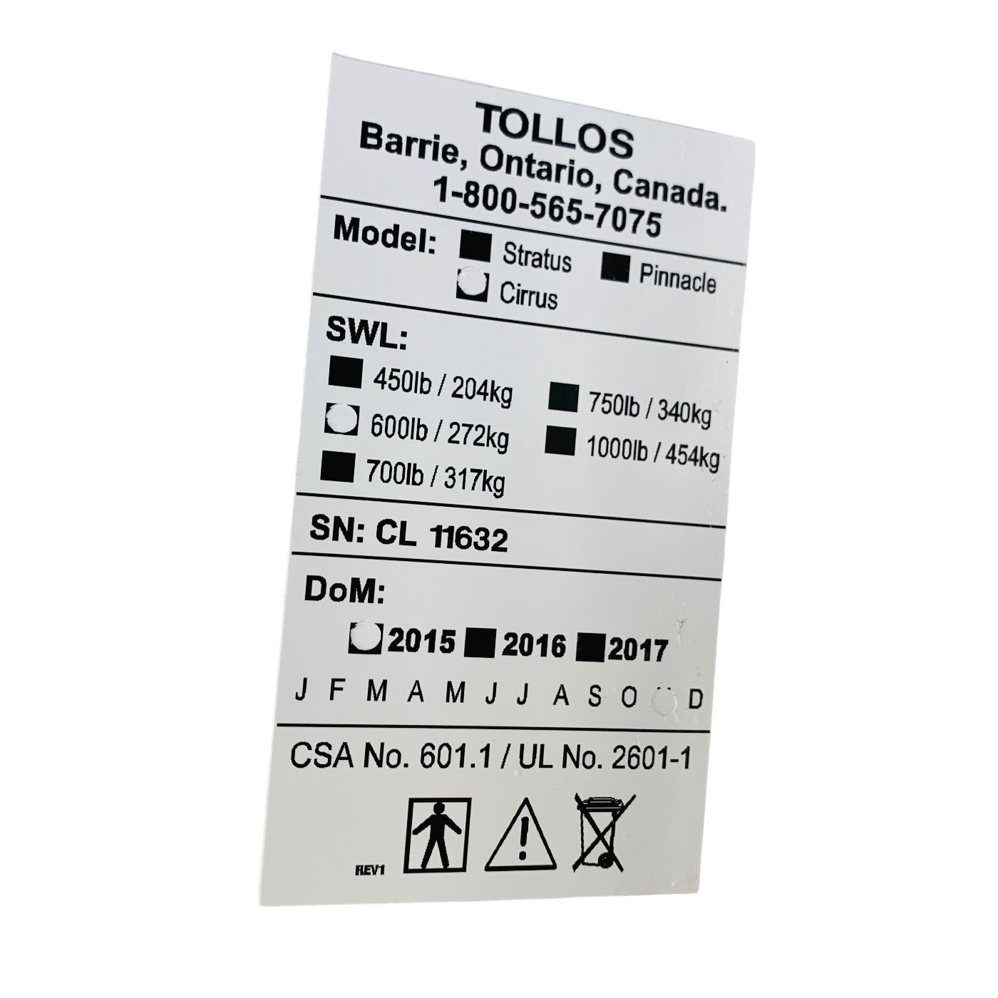 Tollos REF Stratus Cirrus 600, CEILING PATIENT LIFT