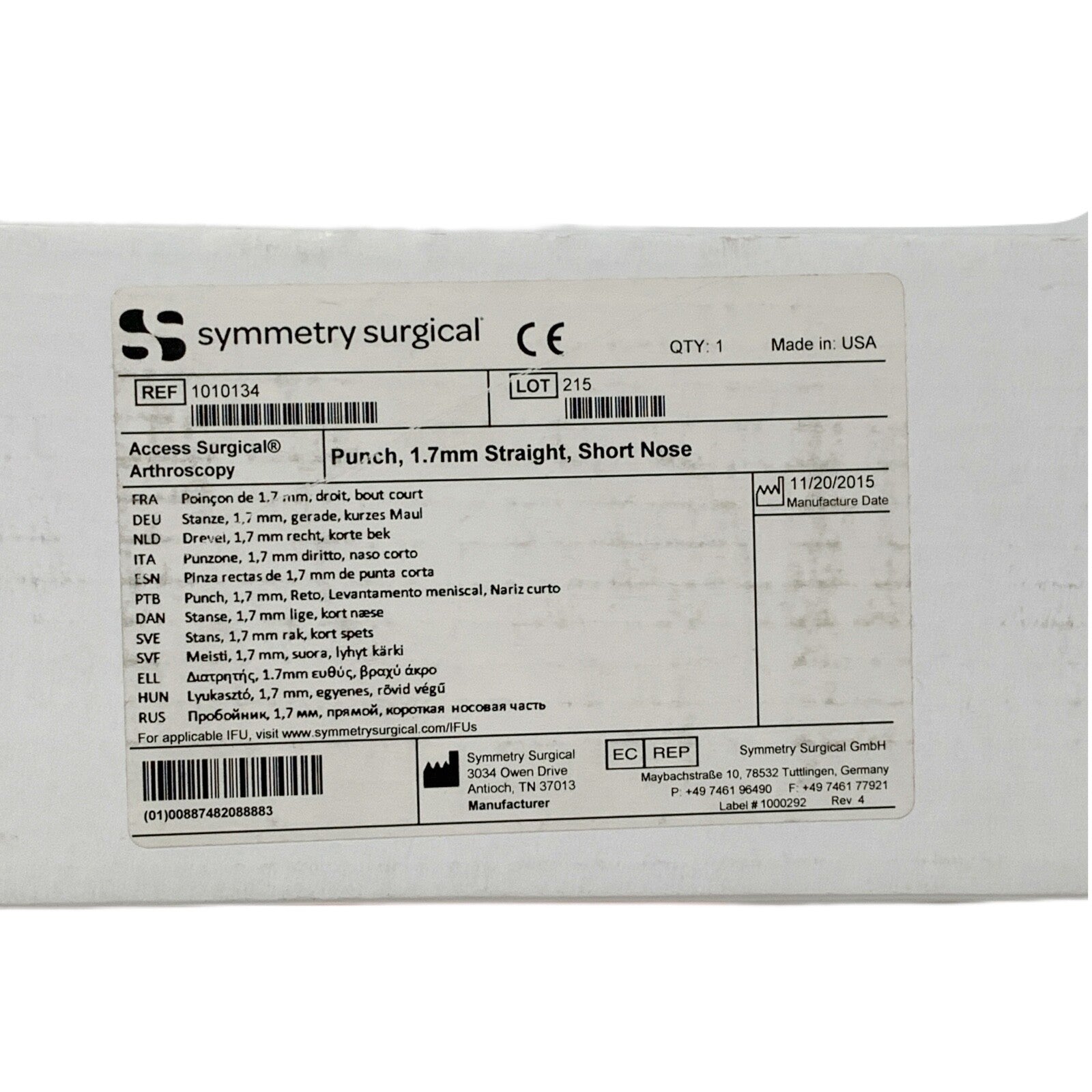 Symmetry Medical REF 1010134, Punch, 1.7mm Straight, Short Nose