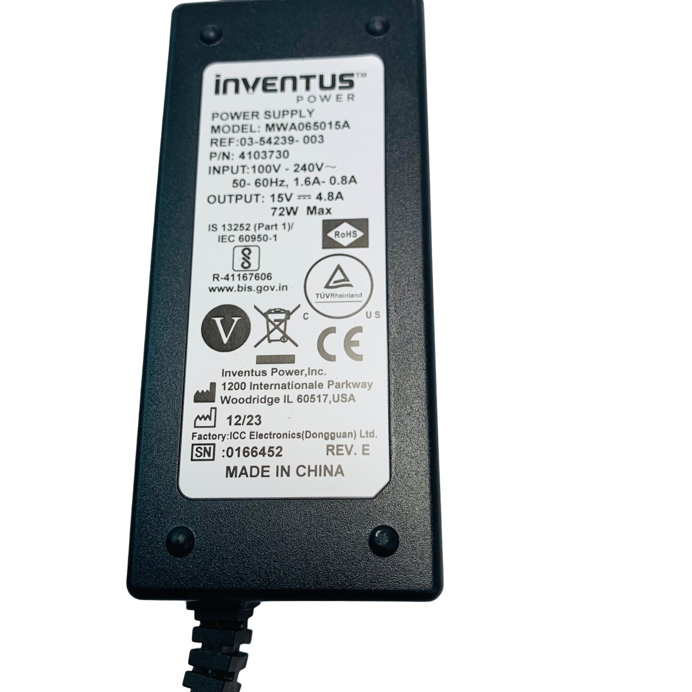 KCI VAC Inventus REF MWA065015A, 4103730 POWER SUPPLY 15V 4.8A