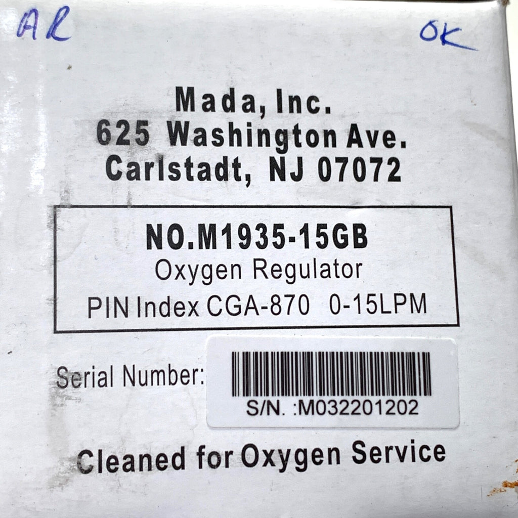 Mada Inc REF M1935-15GB, Oxygen Regulator