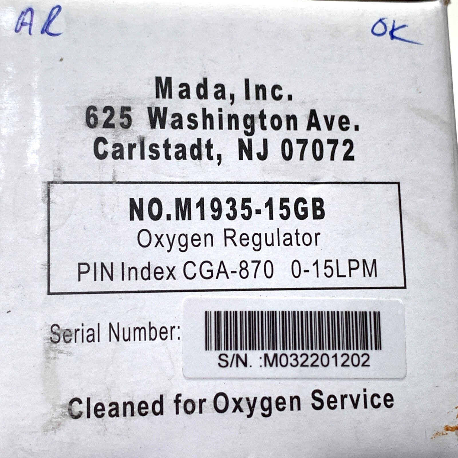 Mada Inc REF M1935-15GB, Oxygen Regulator