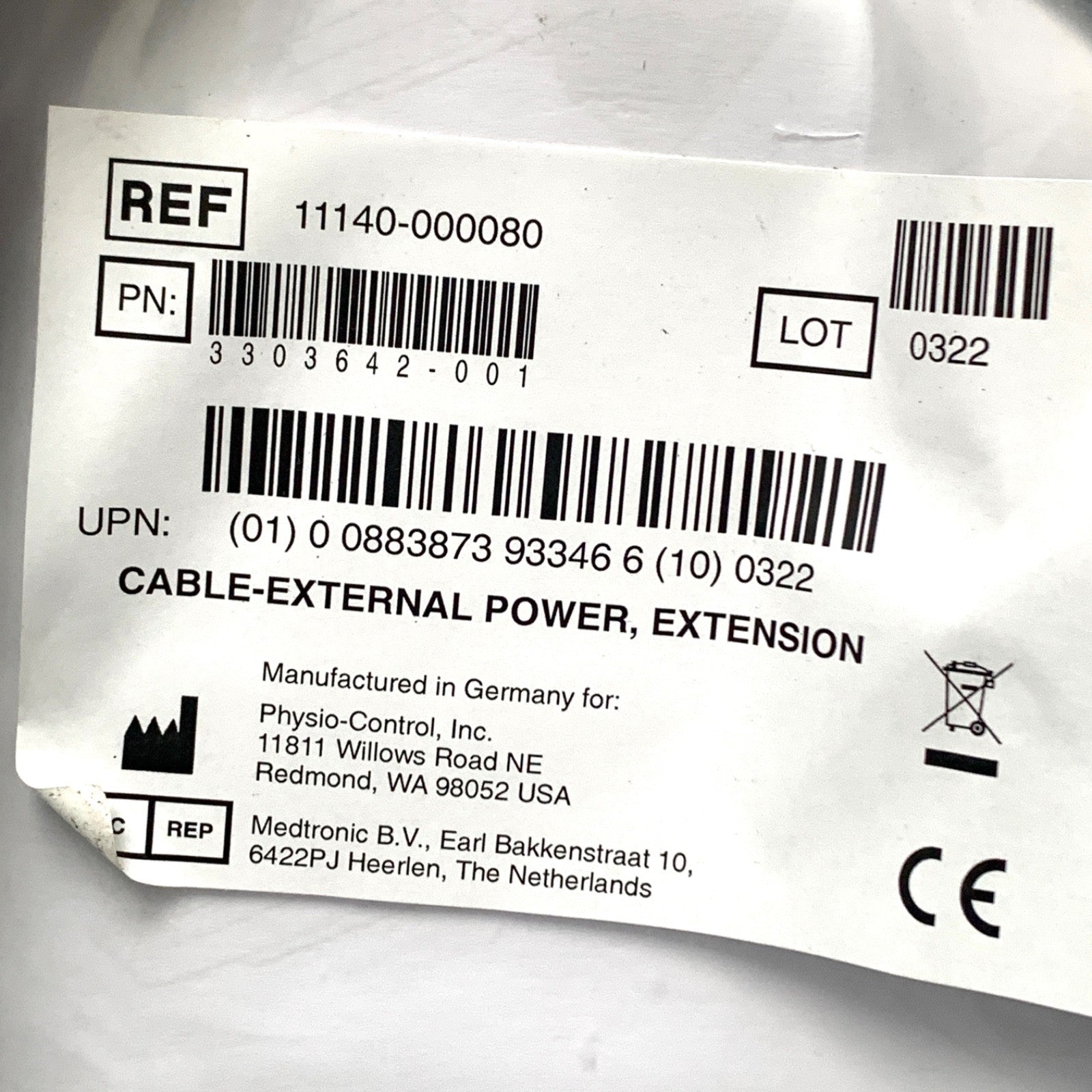 PHYSIO-CONTROL REF 11140-000080, EXTERNAL POWER, EXTENSION CABLE