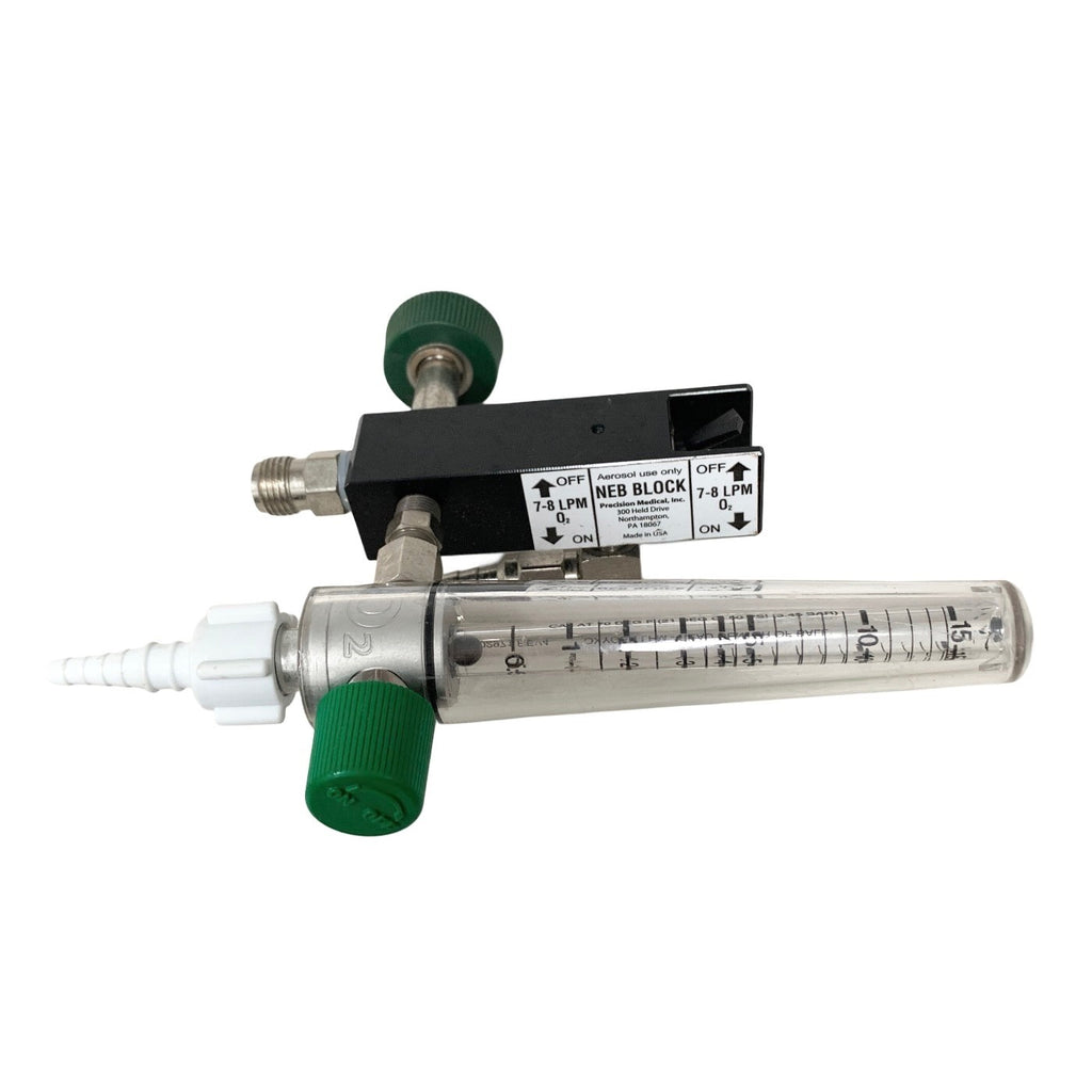 Precision Medical Model 8MFA Oxygen Flowmeter 0-15 LPM w/ NEB Block & Max Flush