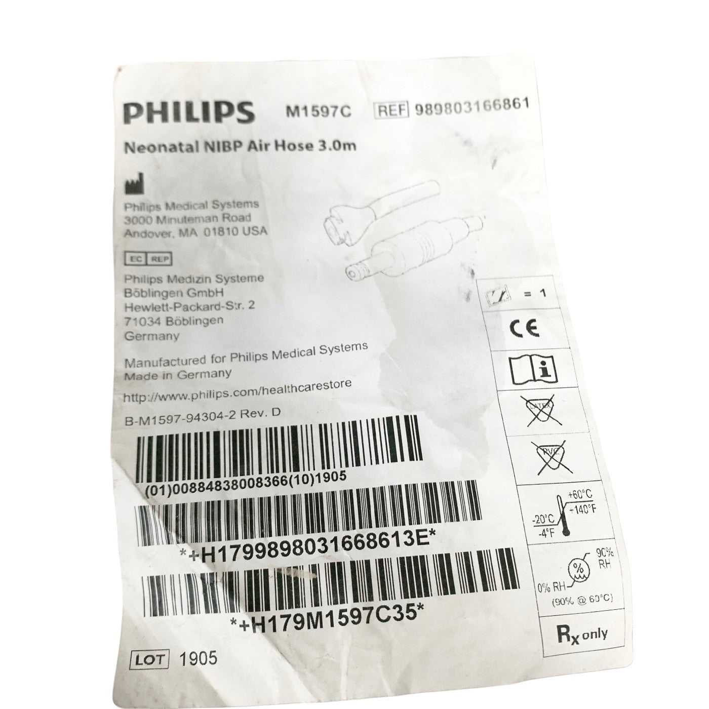 PHILIPS  Ref M1597C, 989803166861- 3.0M NEONATAL NIBP INTERCONNECT CABLE - NEW