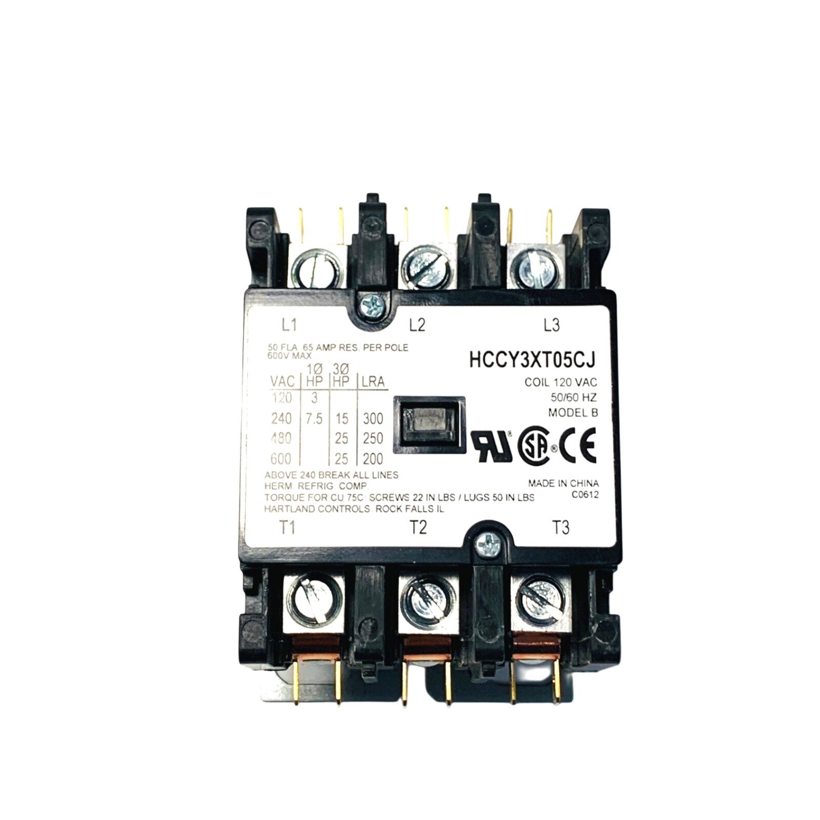HARTLAND CONTROL Ref HCCY3XT05CJ, 3/120/50FLA/65A 3 Pole Contactor