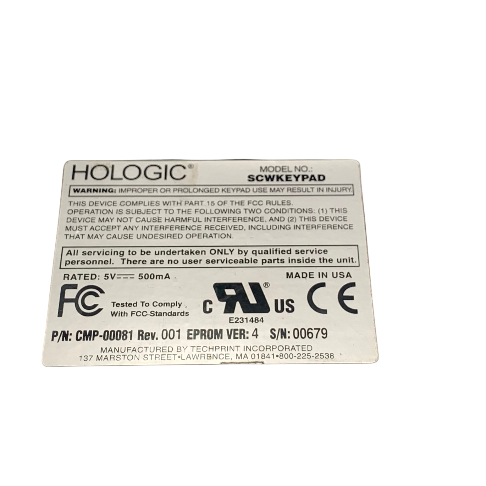 Hologic REF SCWKEYPAD, CMP-00081 SECURE View Keypad