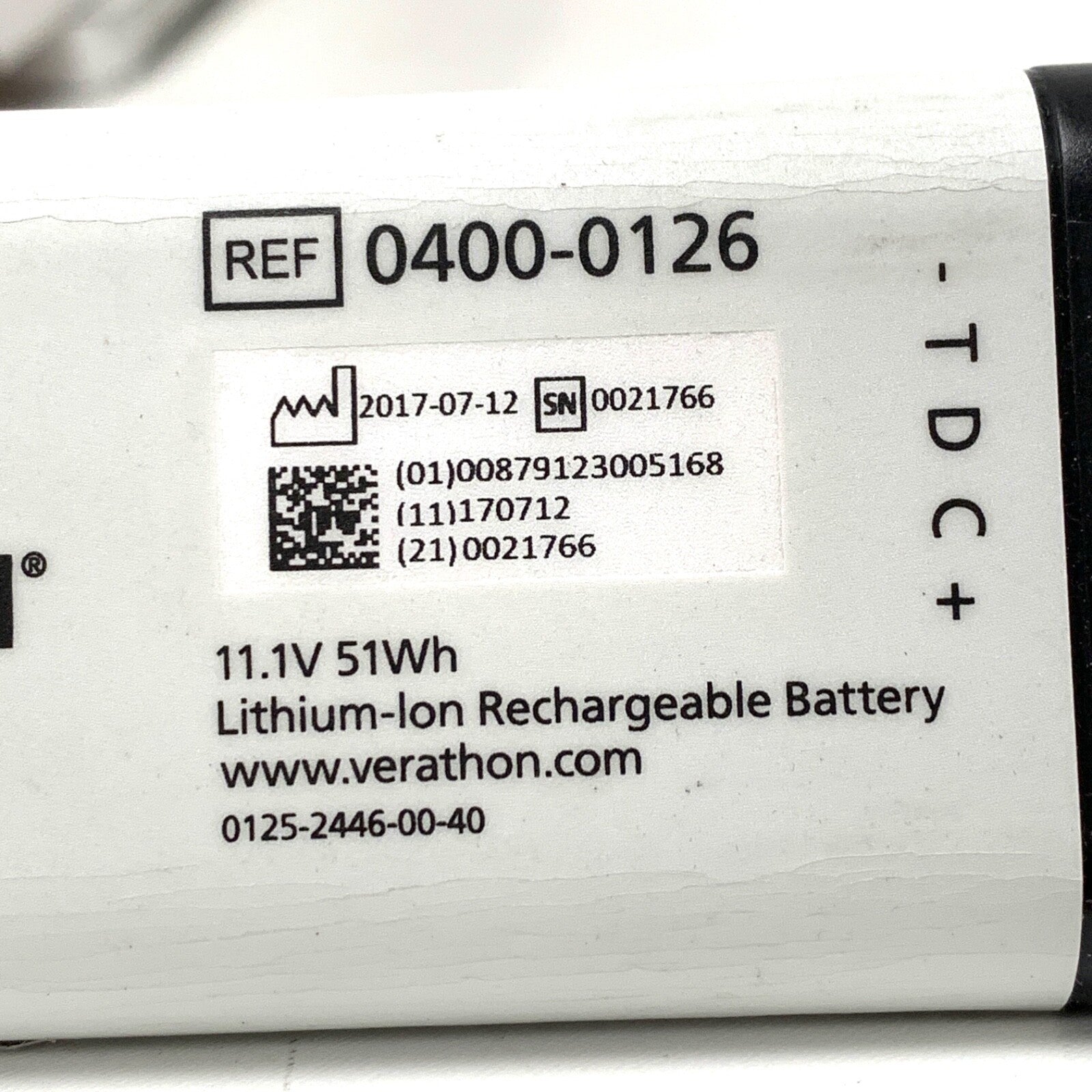 Verathon REF 0400-0126, 11.1V 51Wh Lithium-lon Rechargeable Battery