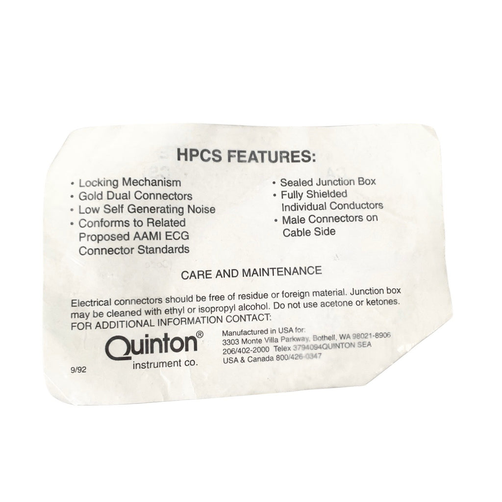 Quinton Ref 11952-011, 10-Lead ECG EKG Leadwire Set w/ Grabber Lead End
