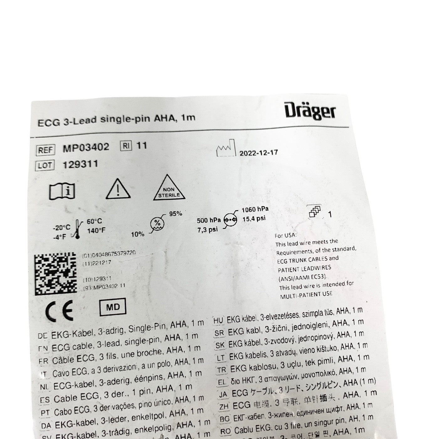 Drager REF MP03402, ECG 3-Lead single-pin AHA, 1m