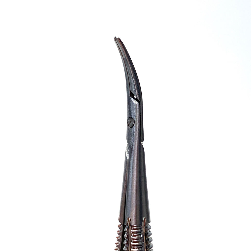 Aesculap REF FD243R, Micro Needle Holder, Curved w/ Ratchet