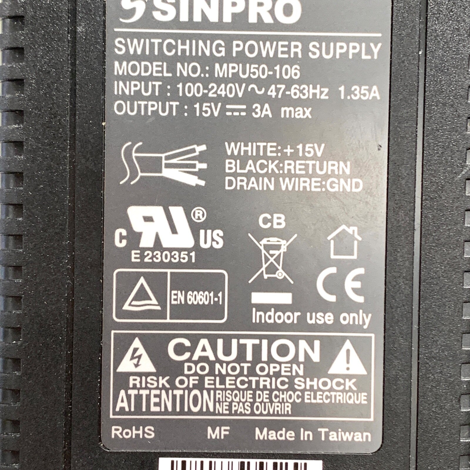 Sinpro REF MPU50-106 Switching Power Supply, 15V