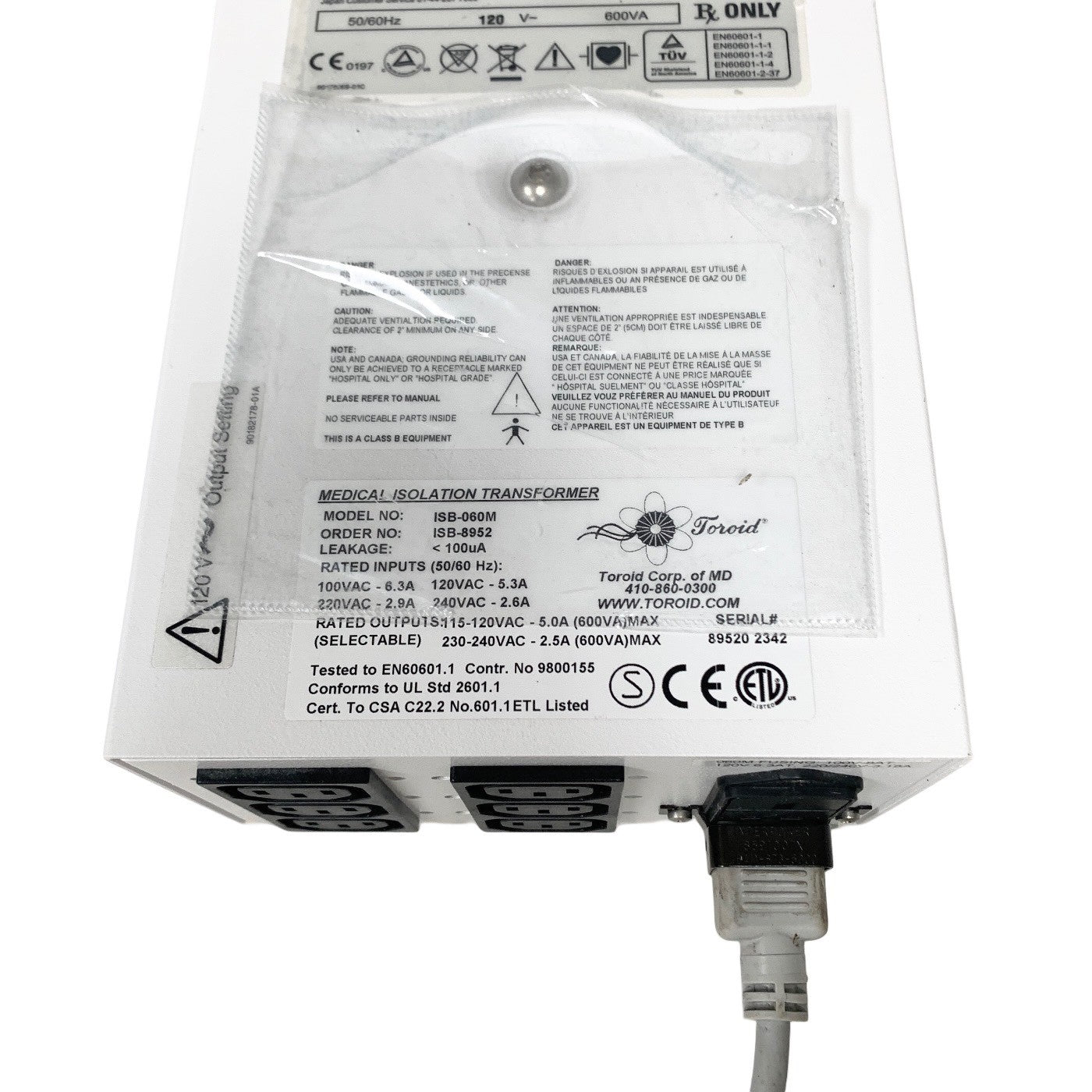 Toroid ISOBox ISB-060M 600VA 5.0A Medical Grade Isolation Transformer 6-Outlet