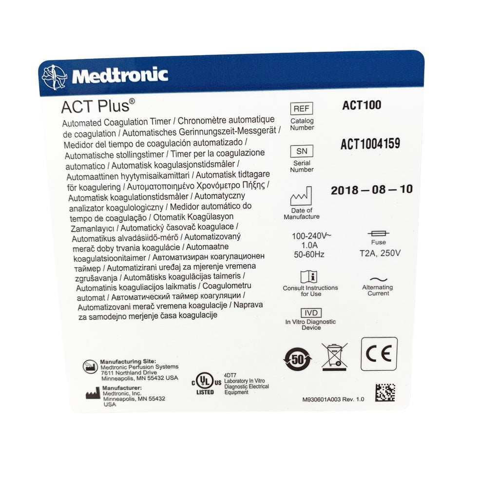 Medtronic REF ACT100, ACT Plus Automated Coagulation Timer, w/ ACTTRAC 31363