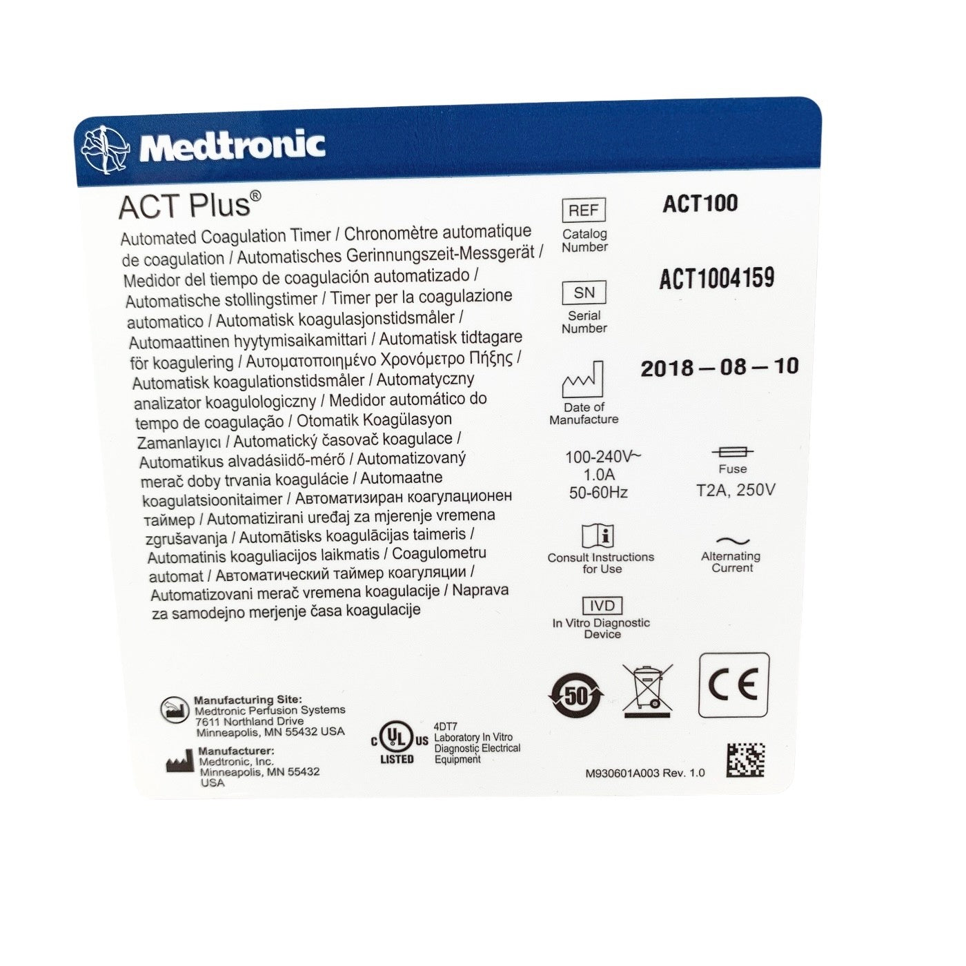Medtronic REF ACT100, ACT Plus Automated Coagulation Timer, w/ ACTTRAC 31363