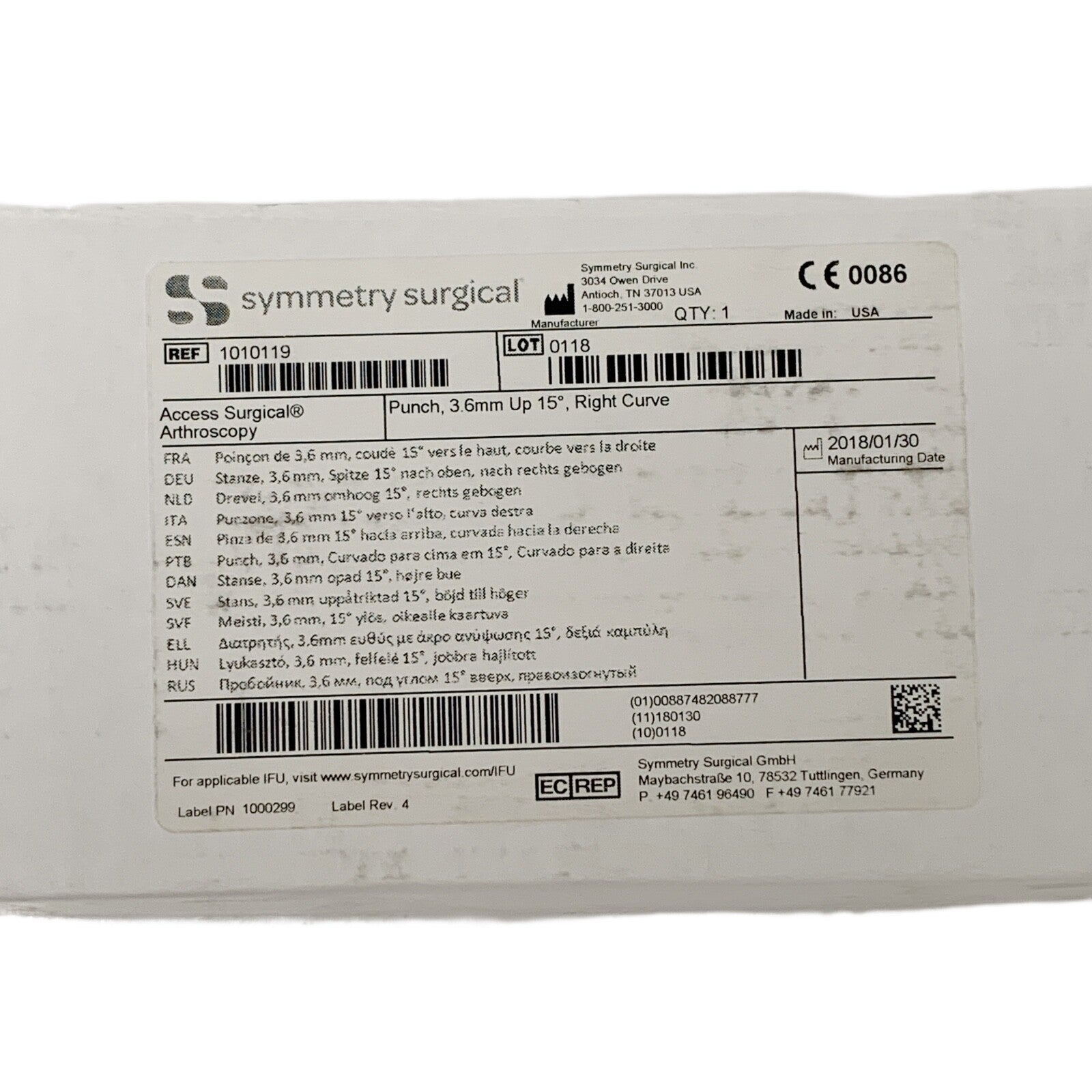 Symmetry Medical REF 1010119, Punch, 3.6mm Up 15 Degree, Right Curve