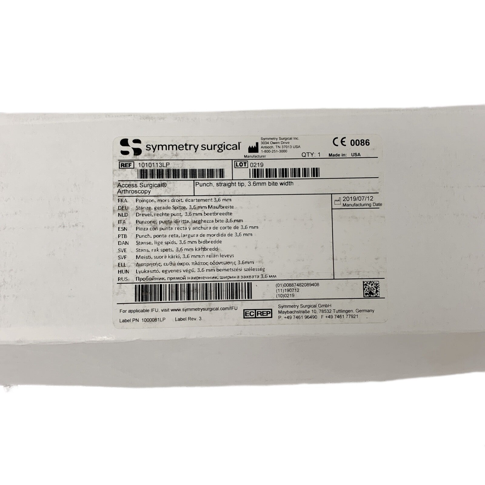 Symmetry Medical REF 1010113LP, Punch, straight tip, 3.6mm bite width ACCESS