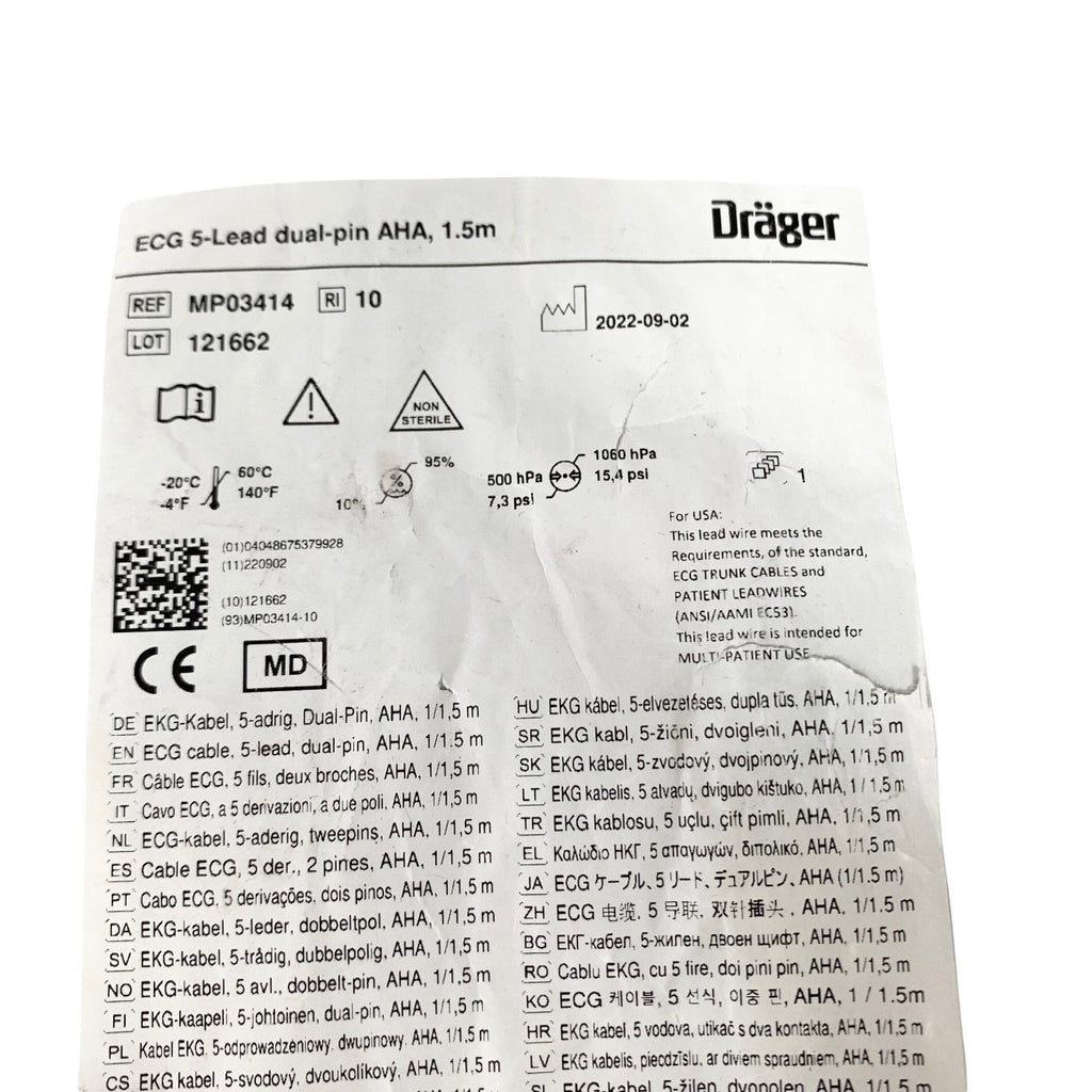 Drager REF MP03414, ECG 5-Lead dual-pin AHA, 1.5m
