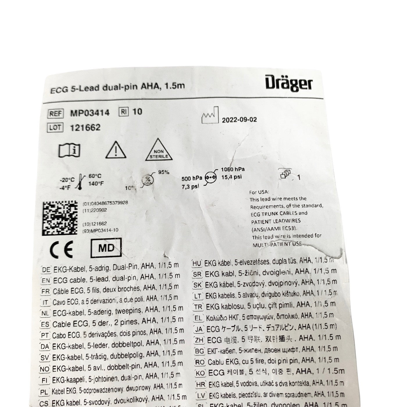 Drager REF MP03414, ECG 5-Lead dual-pin AHA, 1.5m