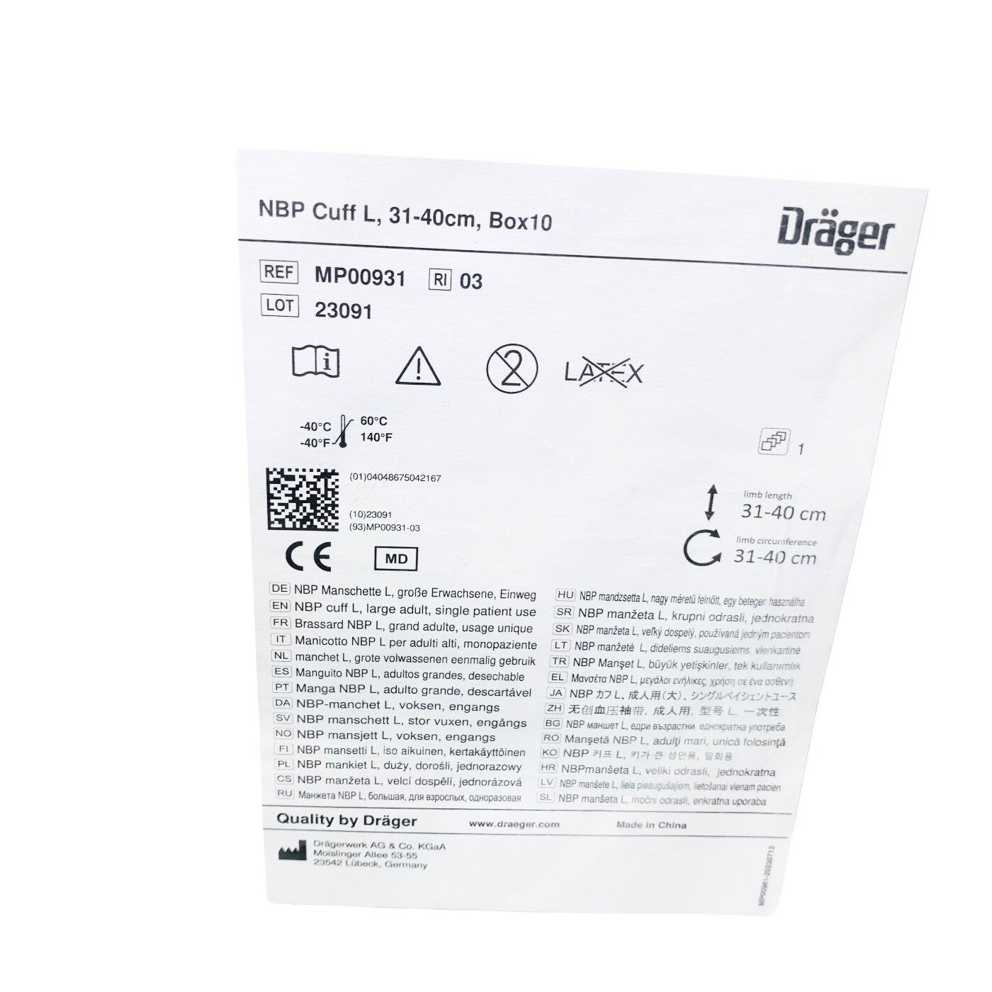 Drager REF MP00931, BLOOD PRESSURE CUFF, LARGE 31-40CM, 10PCS