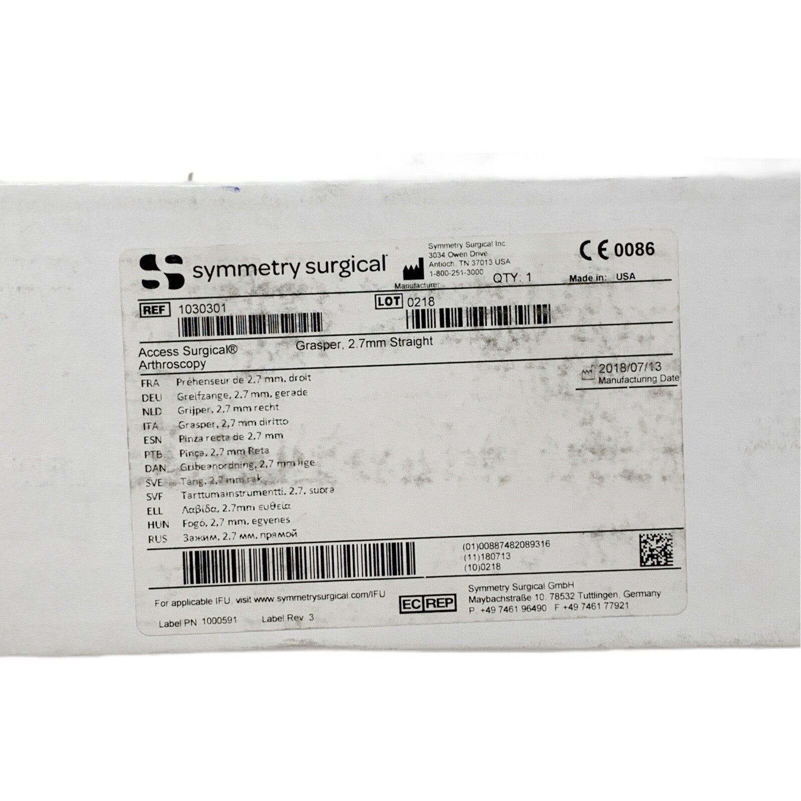 Symmetry REF 1030301, Grasper, 2.7mm Straight