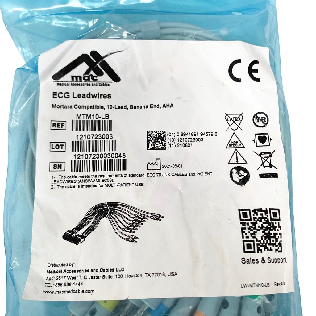 MAC REF-MTM10-LB, ECG Leadwires 10-Lead AHA Banana Plug Mortara Compatible