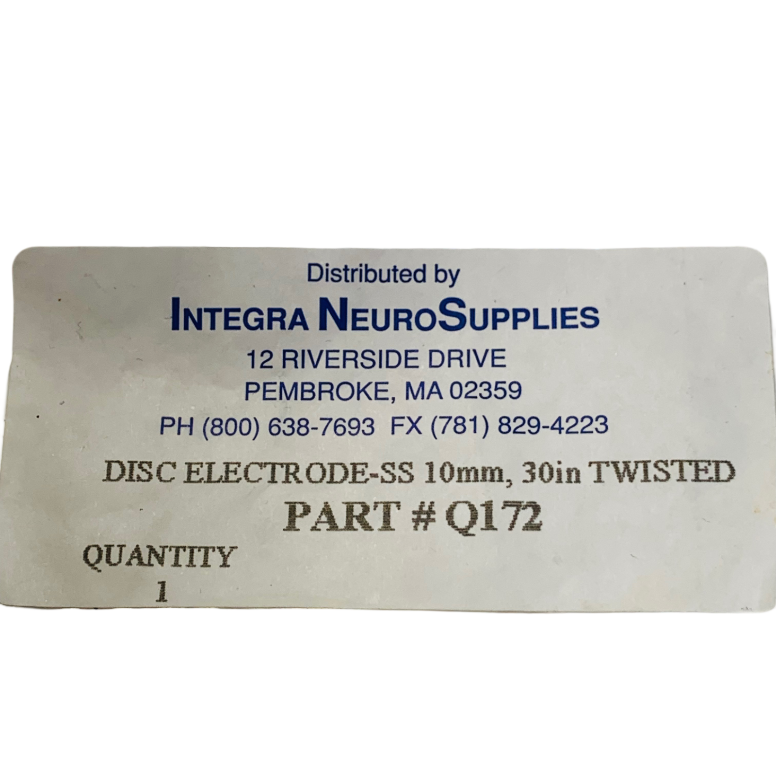 INTEGRA NEUROSUPPLIES REF Q172, DISC ELECTRODE-SS 10mm, 30in TWISTED PART