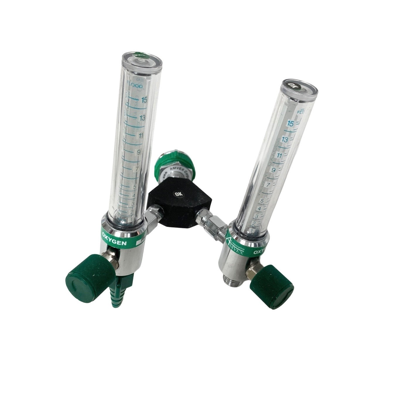 Amvex Corporation Dual O2 Flowmeter, Model O2, w/ Y Block Assembly, MALE CONNECT