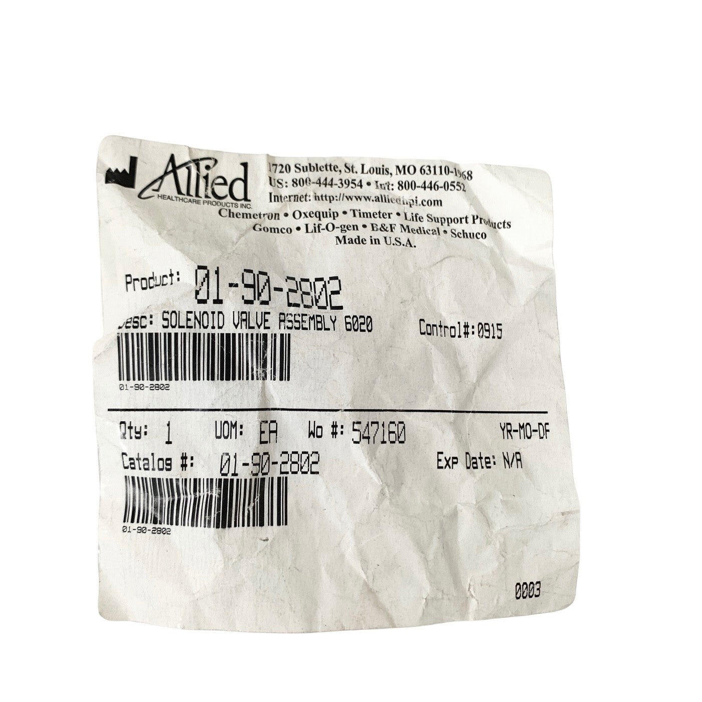Allied Healthcare 01-90-2802 Solenoid Valve Assembly forGomco 6020 Aspirator NEW