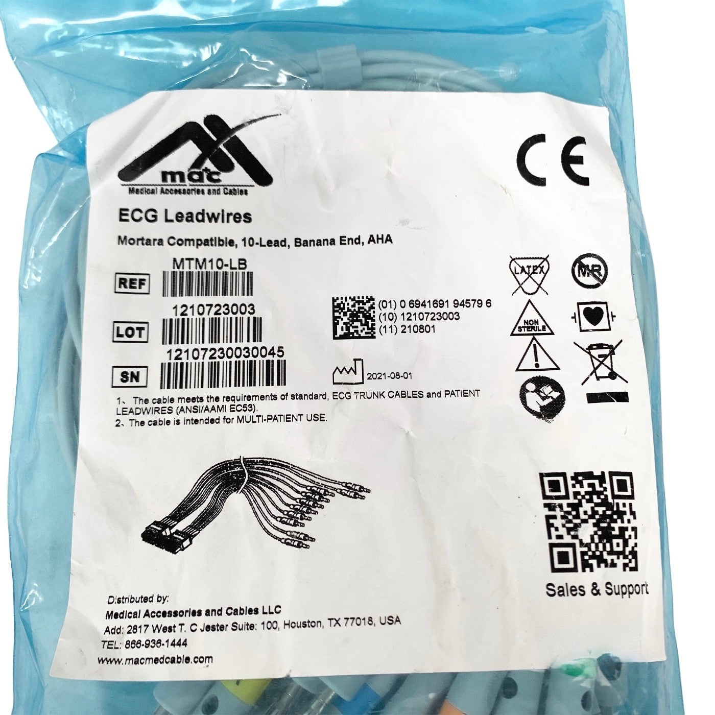 MAC REF-MTM10-LB, ECG Leadwires 10-Lead AHA Banana Plug Mortara Compatible