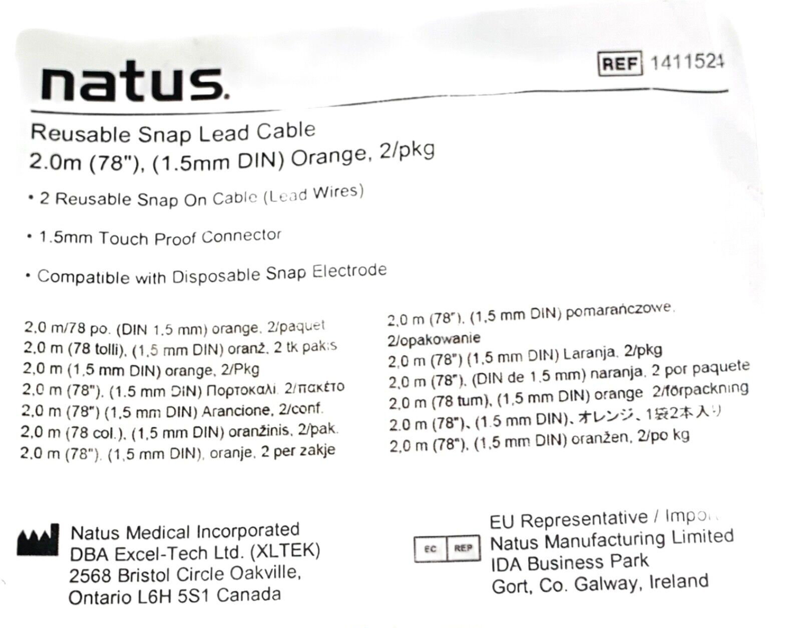 Natus Ref 1411524, Reusable Snap Lead Cable