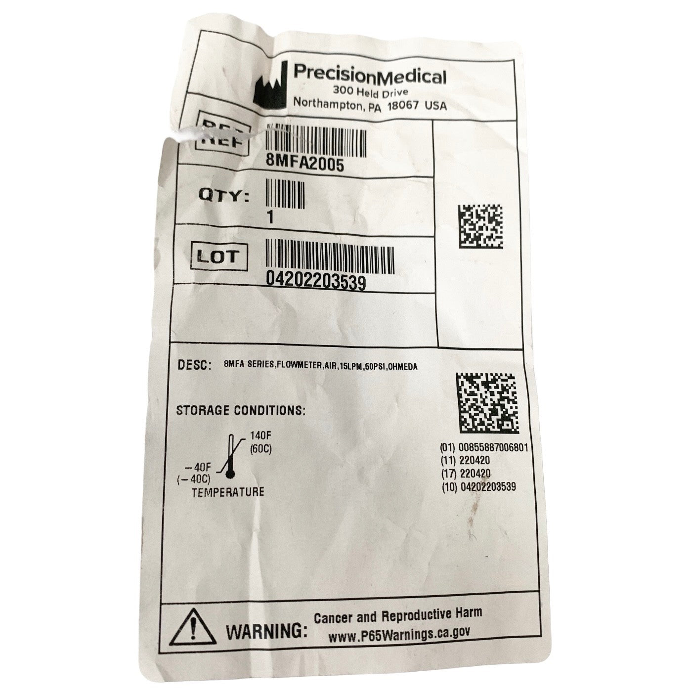 Precision Medical Ref 8MFA, Air Flowmeter 0-15 LPM Ohmeda Oxygen Regulator