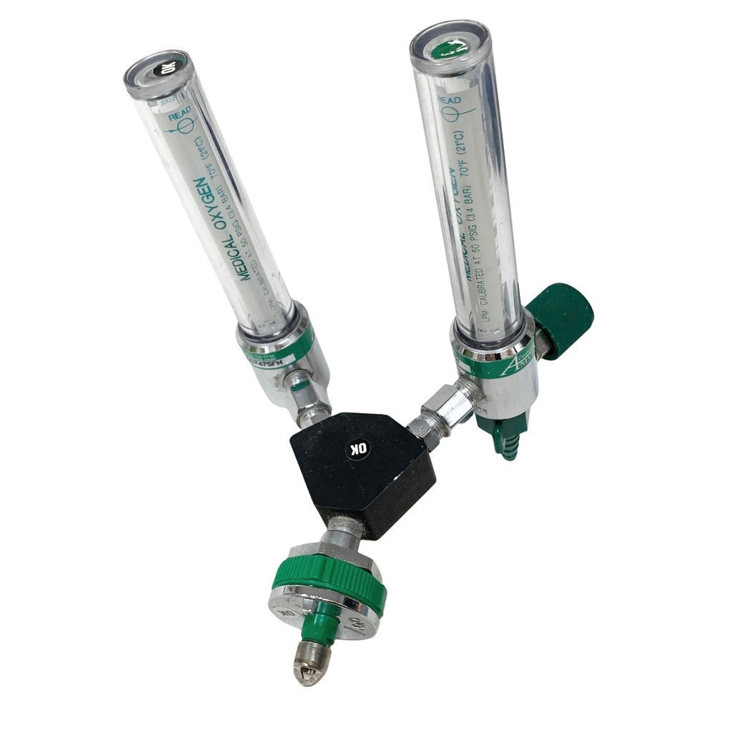 Amvex Corporation Dual O2 Flowmeter, Model O2, w/ Y Block Assembly, MALE CONNECT