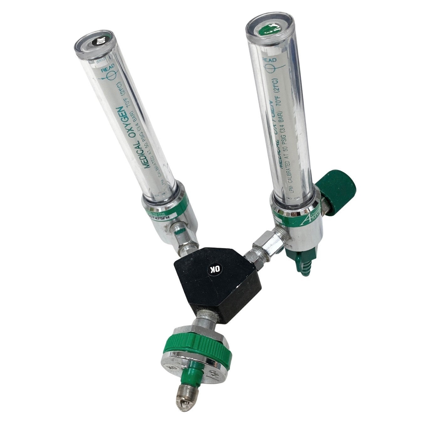 Amvex Corporation Dual O2 Flowmeter, Model O2, w/ Y Block Assembly, MALE CONNECT