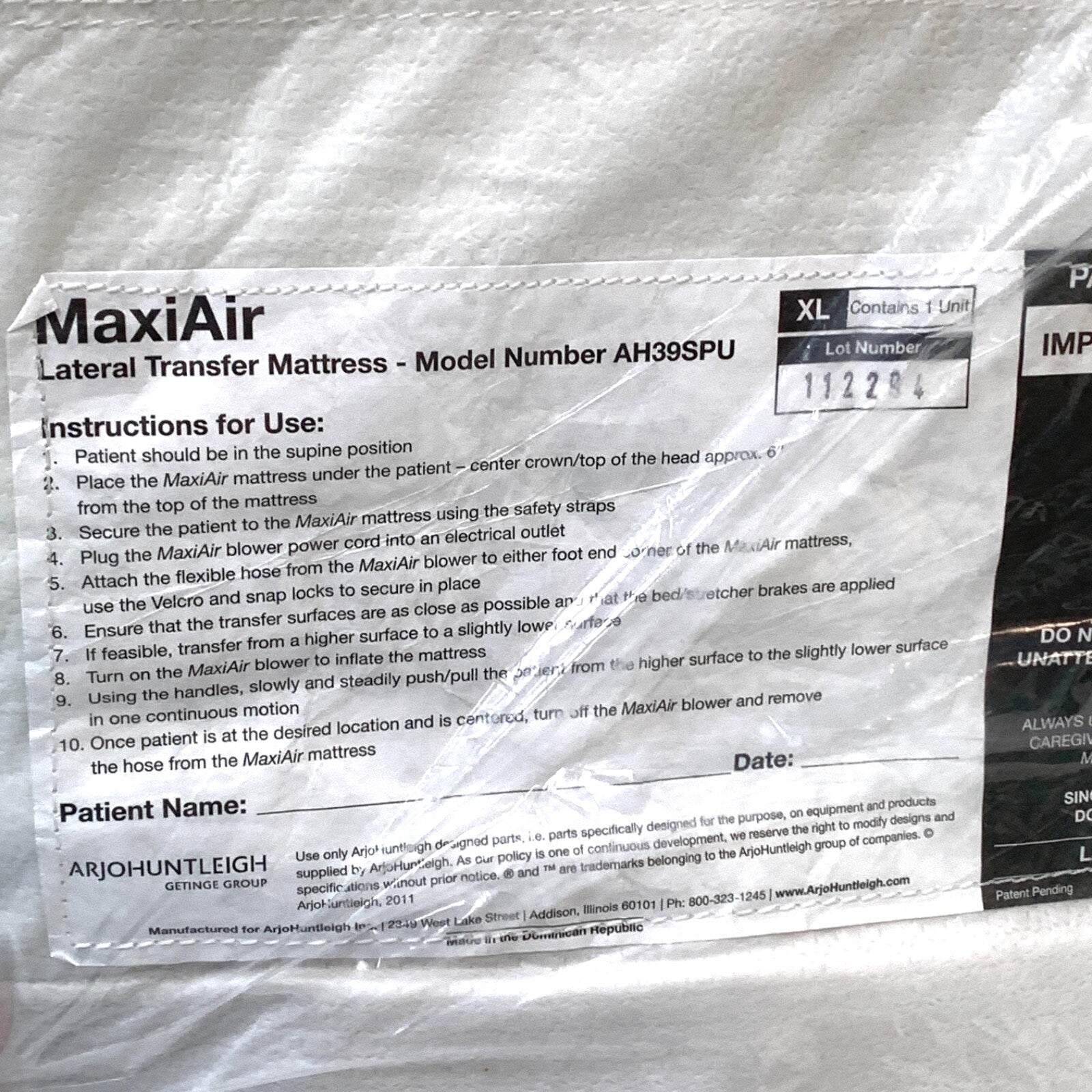ArjoHuntleigh REF AH39SPU, Maxiair Lateral Transfer Mattress