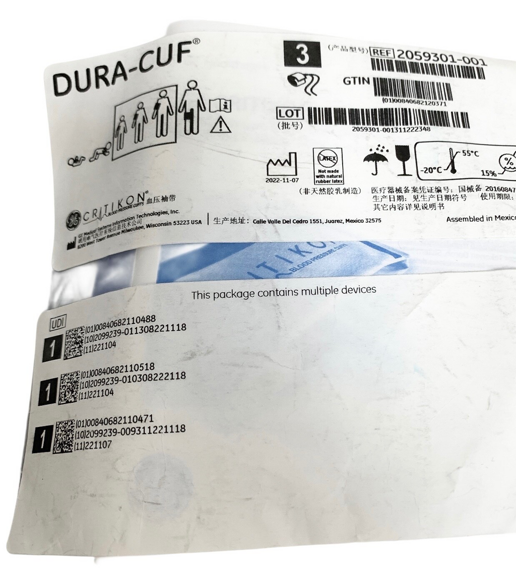 GE CRITIKON REF 2059302-002, LOT OF 3 ASSORTED DURA-CUFF, NEW