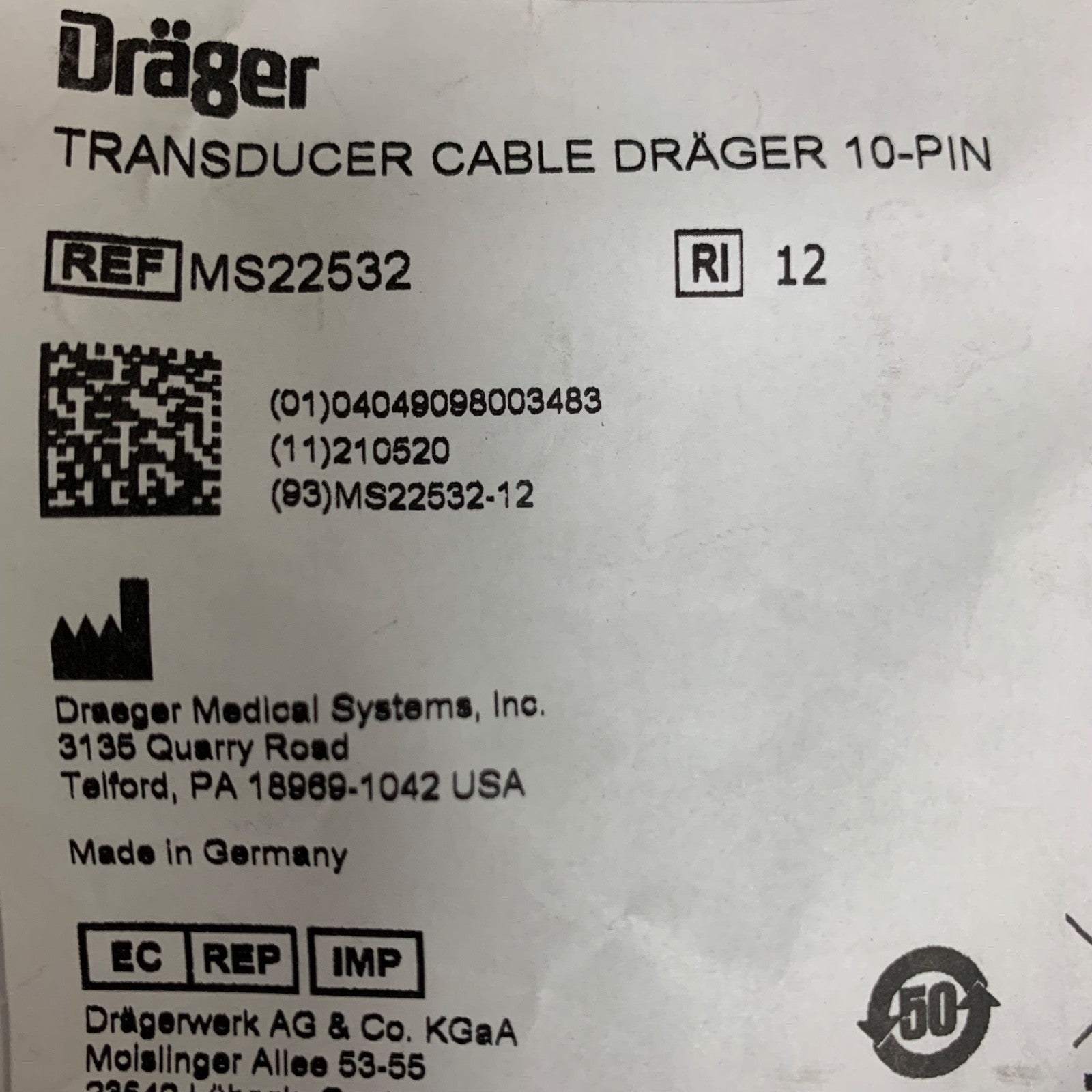 MS 22532 TRANSDUCER CABLE DRAEGER 10PIN - NEW