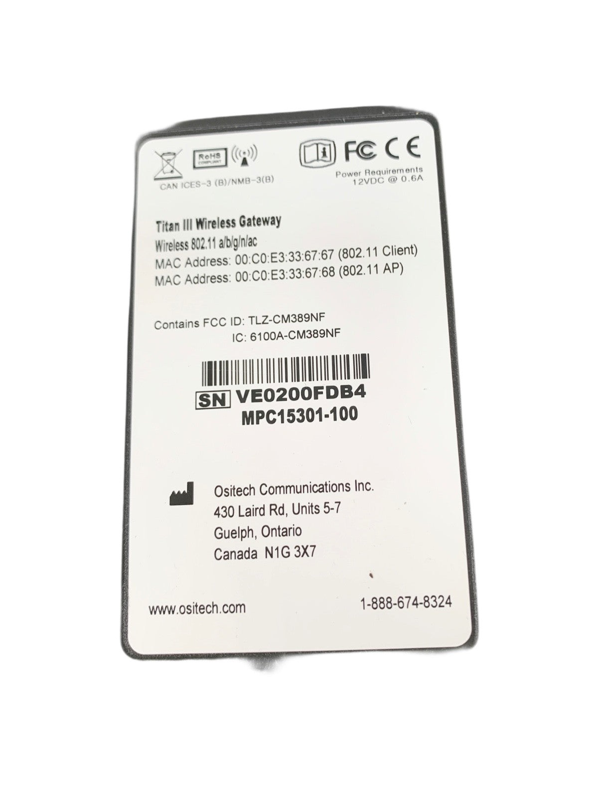 OSITECH REF 3308449-006, Titan Ill Wireless Gateway Wireless 802.11 a/b/g/n/ac
