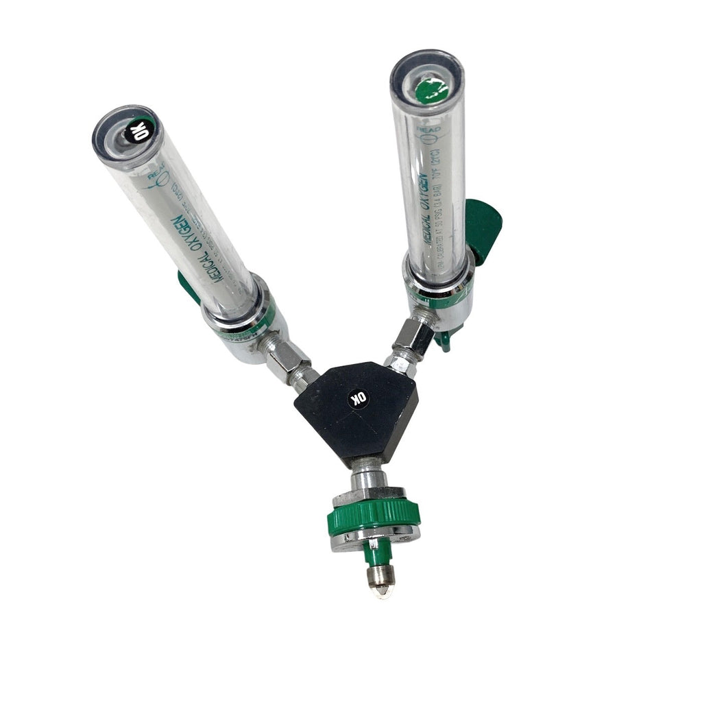 Amvex Corporation Dual O2 Flowmeter, Model O2, w/ Y Block Assembly, MALE CONNECT