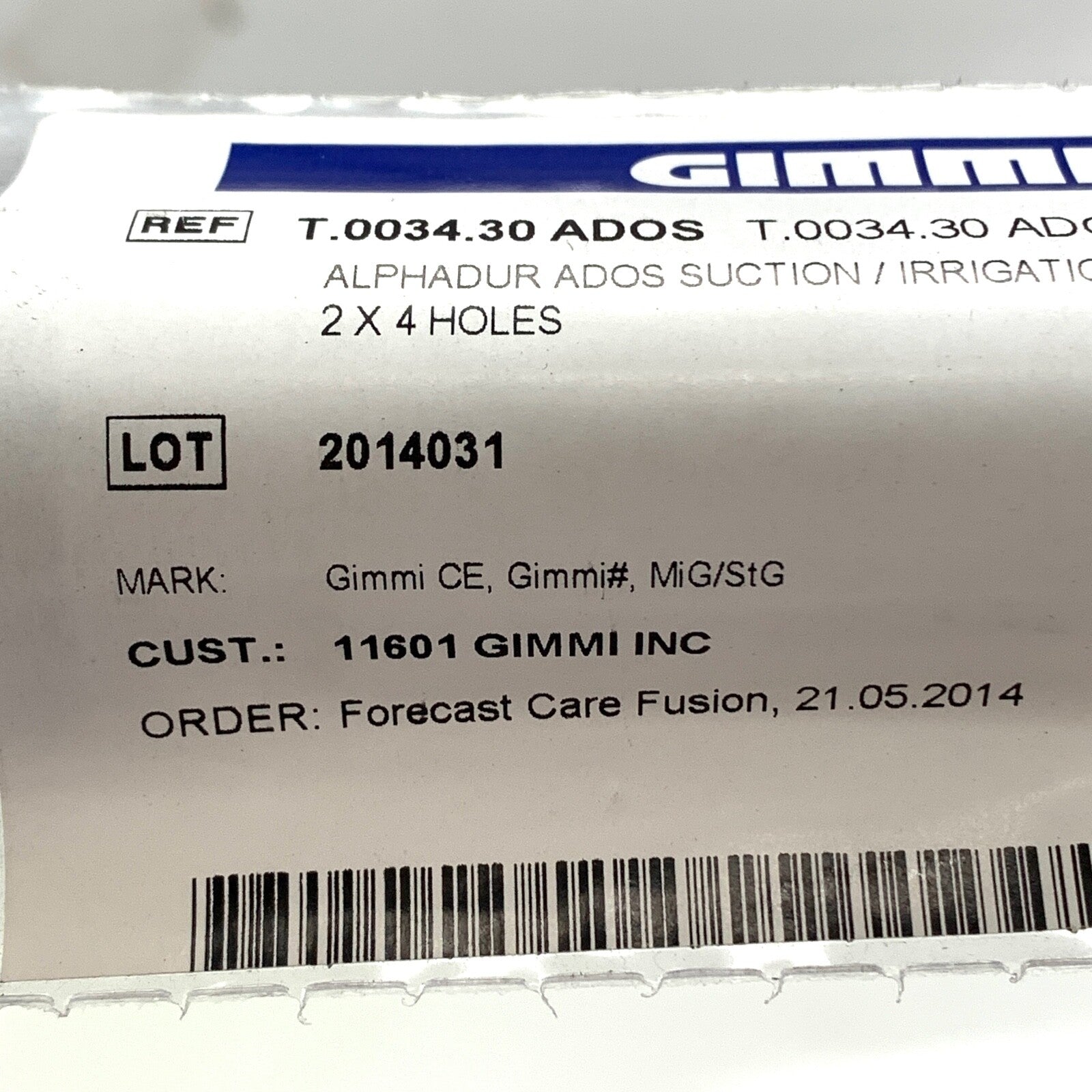 Gimmi REF T.0034.30 ADOS, Alphadur ADOS Suction/Irrigation Tube, 2x4 Holes