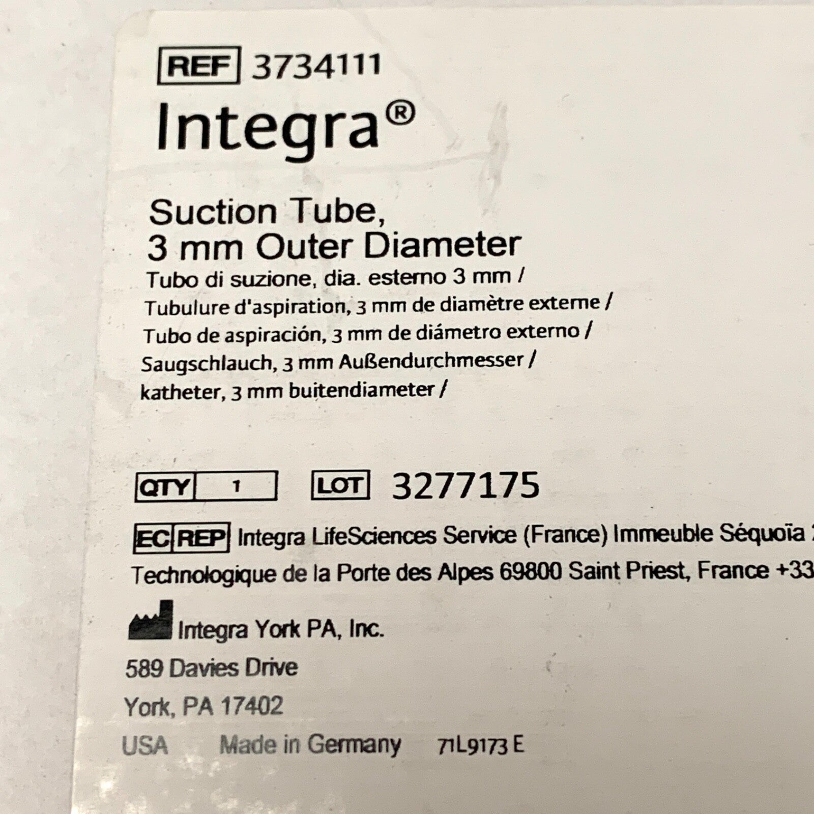 Integra REF 3734111, Suction Tube, 3 mm Outer Diameter