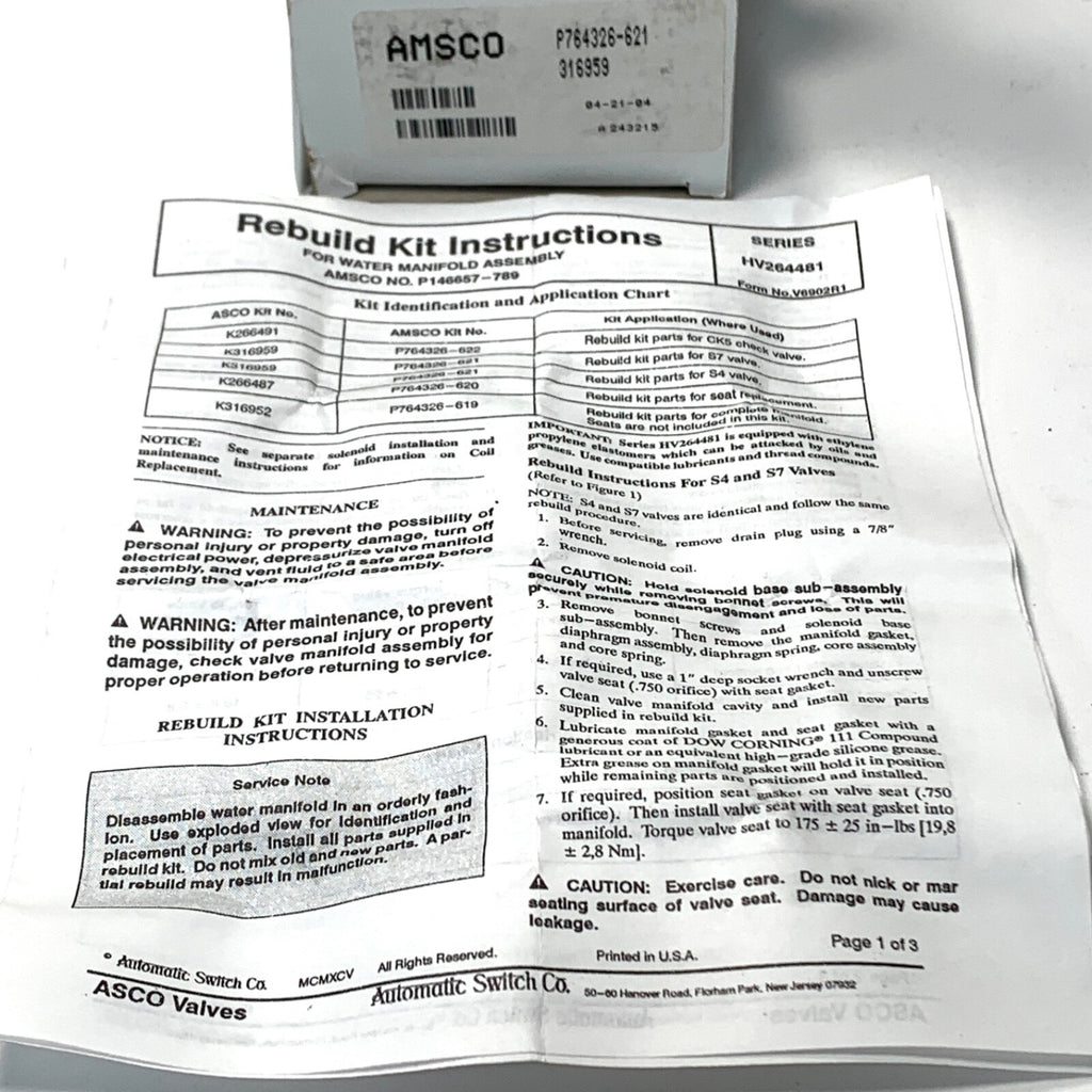 Amsco/STERIS REF P764326-621/K316959, Rebuild Kit Part for S7 Valve
