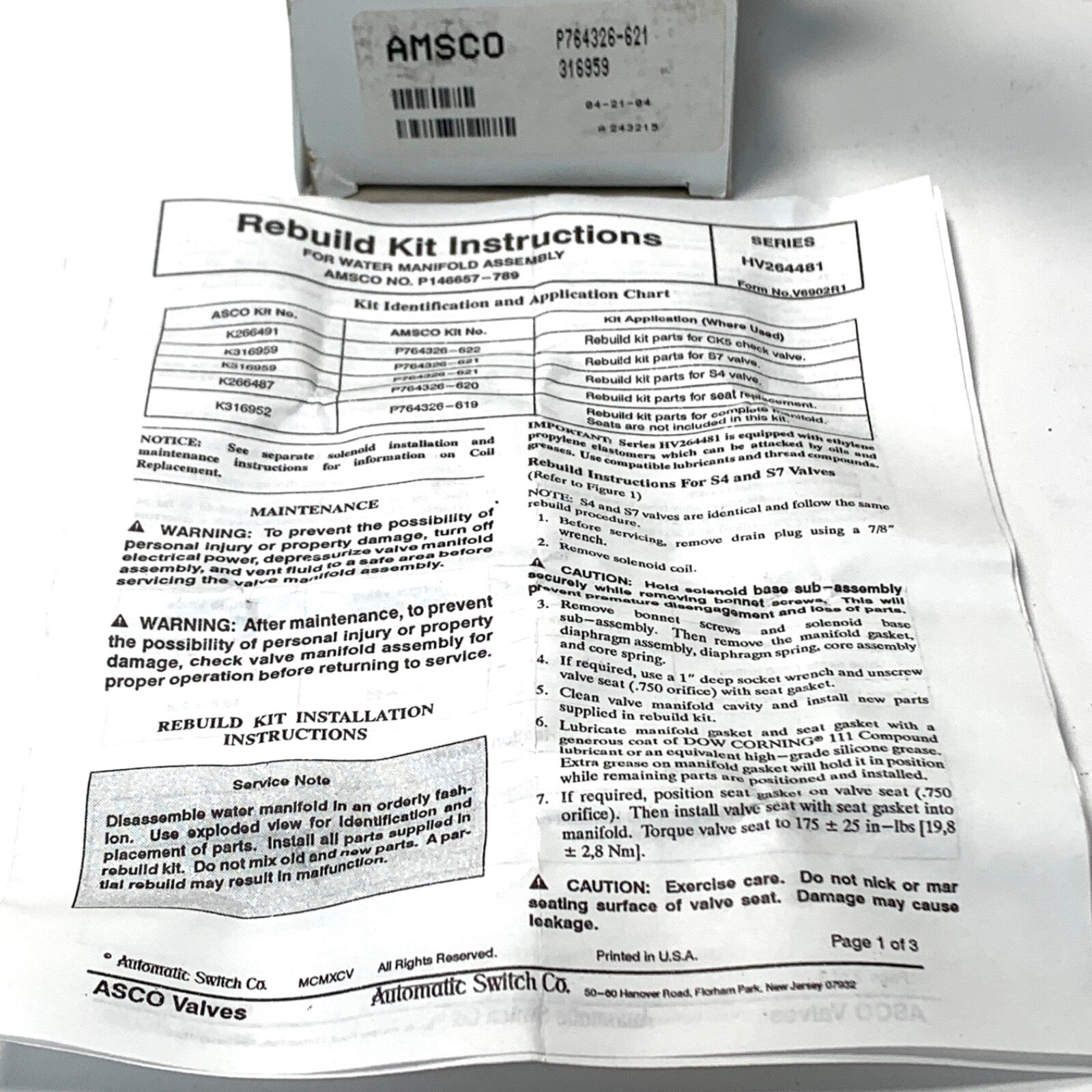 Amsco/STERIS REF P764326-621/K316959, Rebuild Kit Part for S7 Valve
