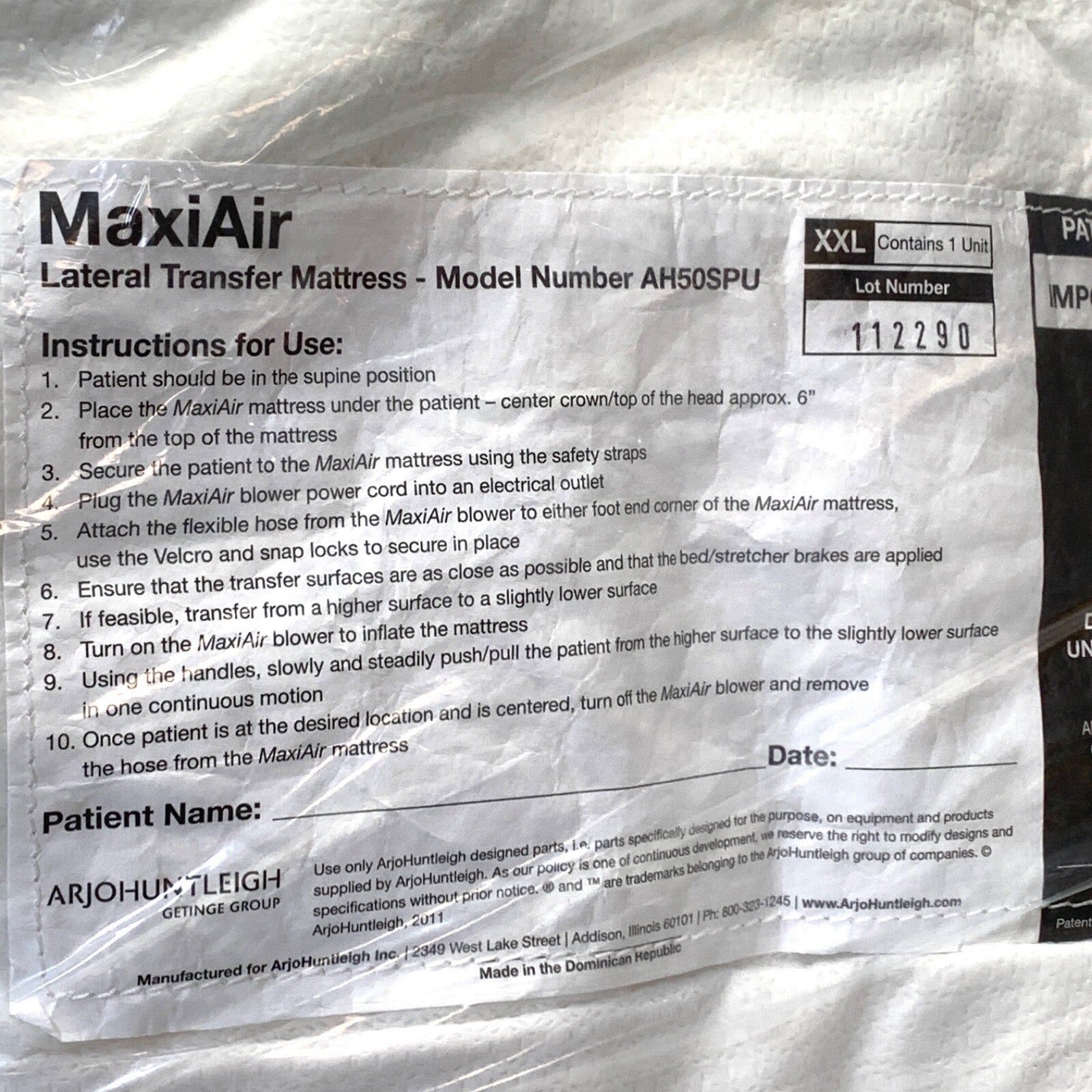 ArjoHuntleigh REF AH50SPU, Maxiair Lateral Transfer Mattress