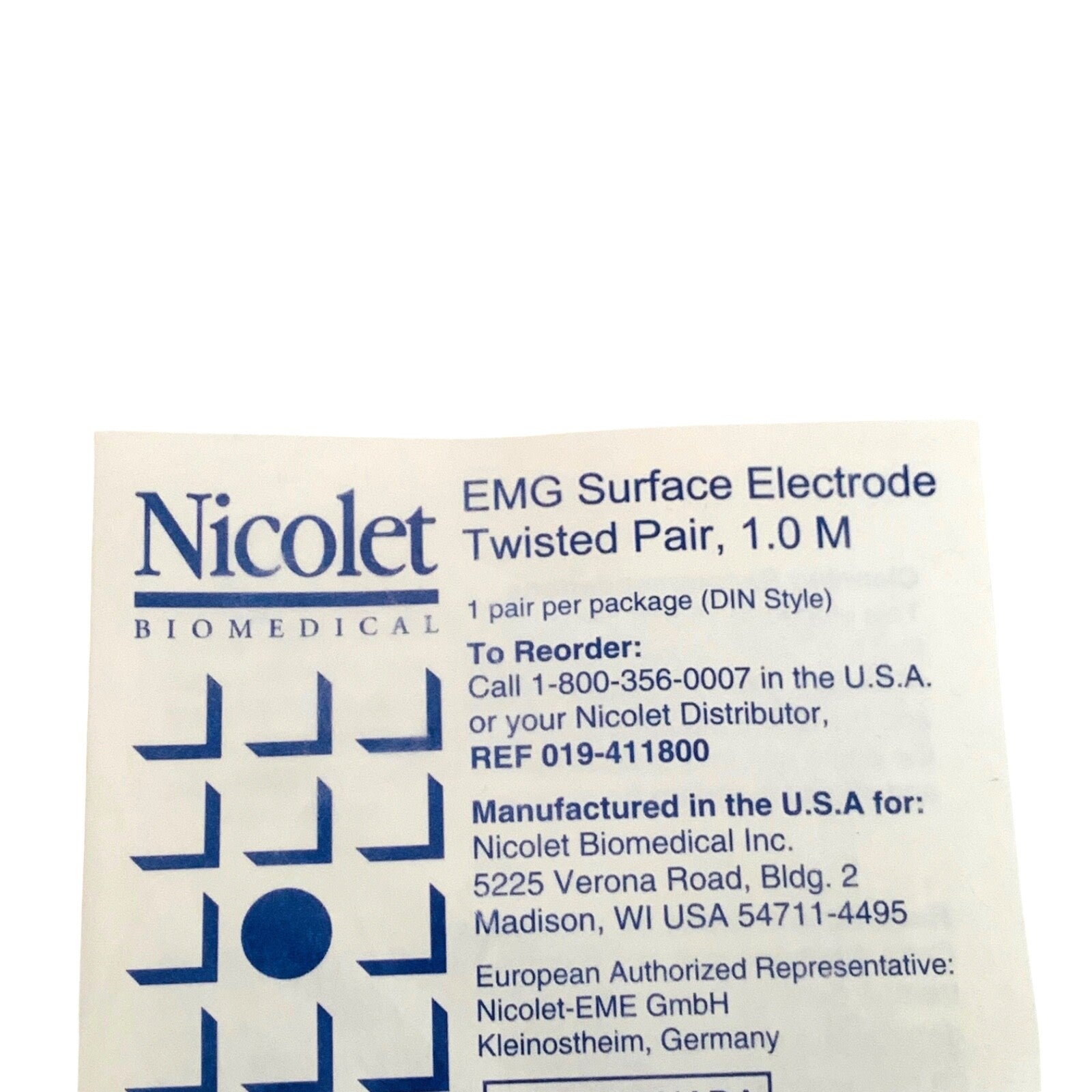 Nicolet REF 019-411800, EMG Surface Electrode Twisted Pair, 1.0 M