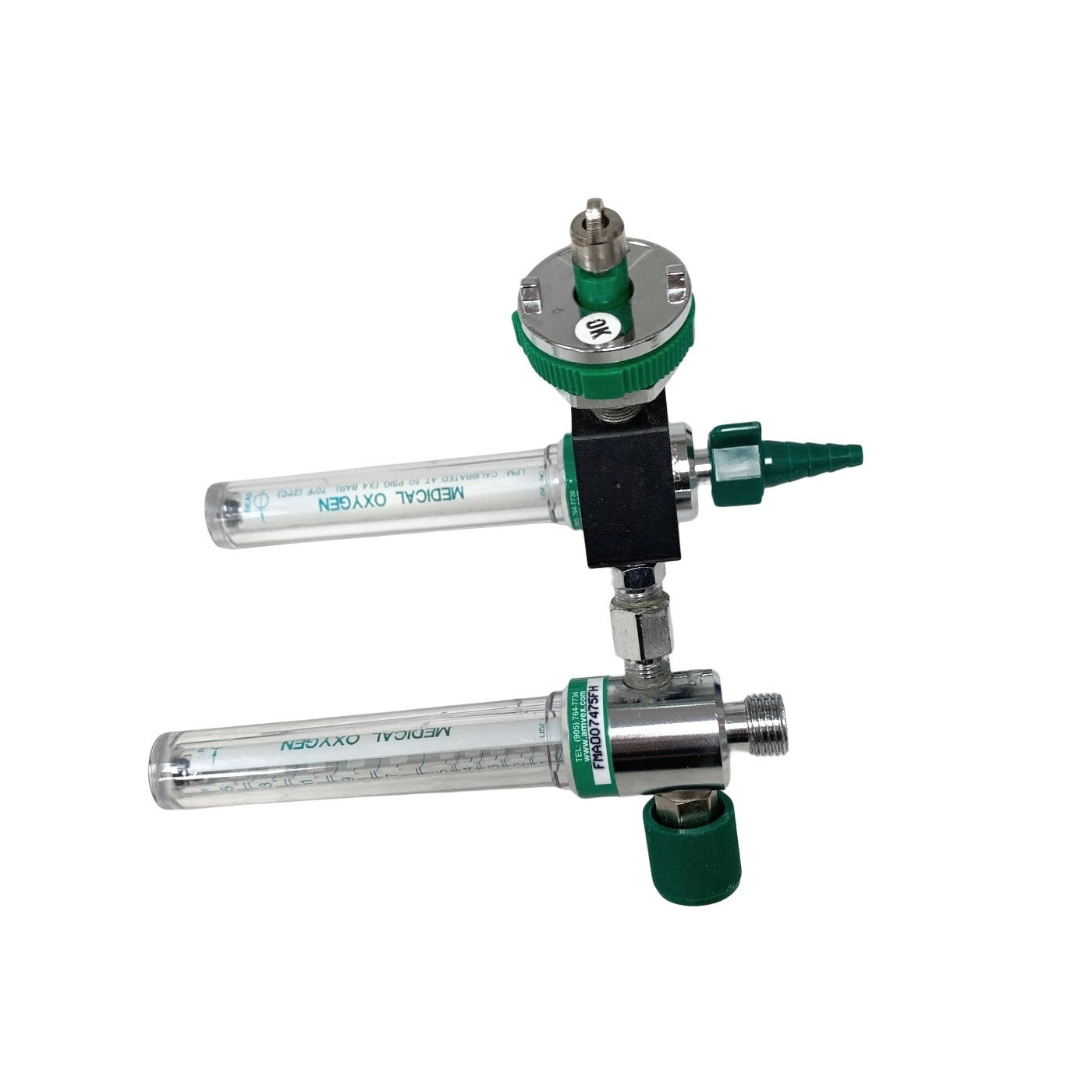 Amvex Corporation Dual O2 Flowmeter, Model O2, w/ Y Block Assembly, MALE CONNECT