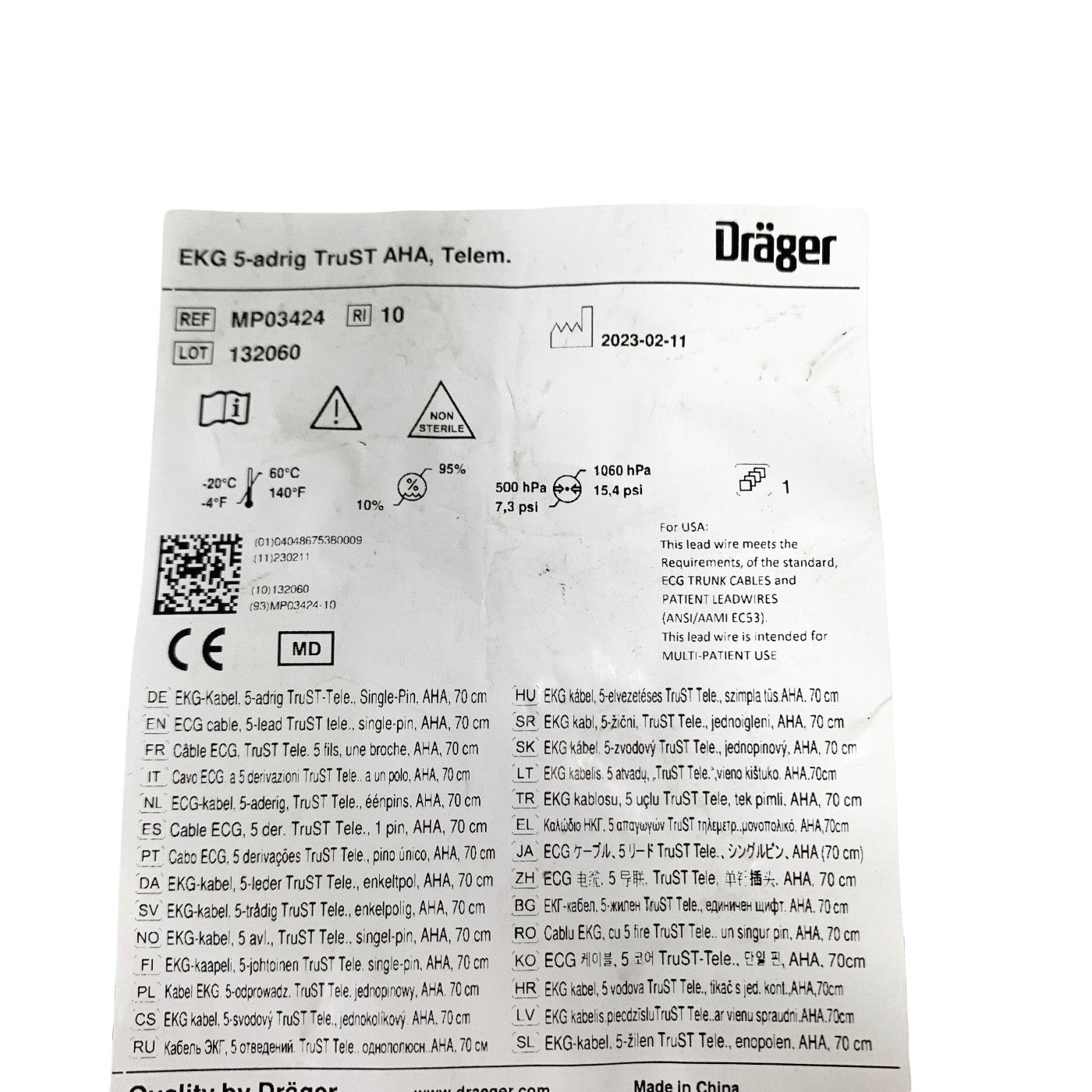 Drager REF MP03424, EKG 5-adrig TruST AHA, Telemetry Cable
