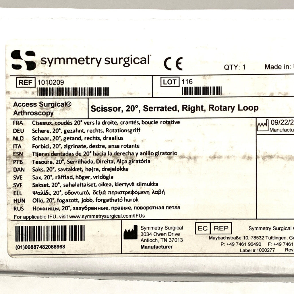 Symmetry Surgical REF 1010209, Access Scissor, 20°, Serrated, Right, Rotary Loop