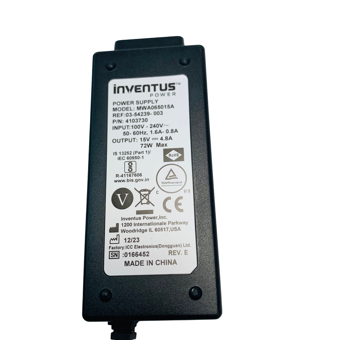 KCI VAC Inventus REF MWA065015A, 4103730 POWER SUPPLY 15V 4.8A